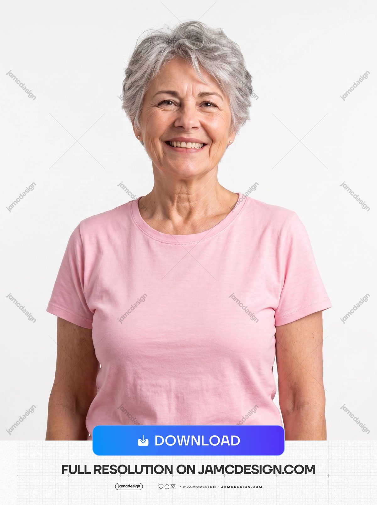 Smiling Older Woman In Pink T-Shirt. This JPG photo shows a smiling older woman with short gray hair wearing a pink T shirt against a plain white background — Additional preview