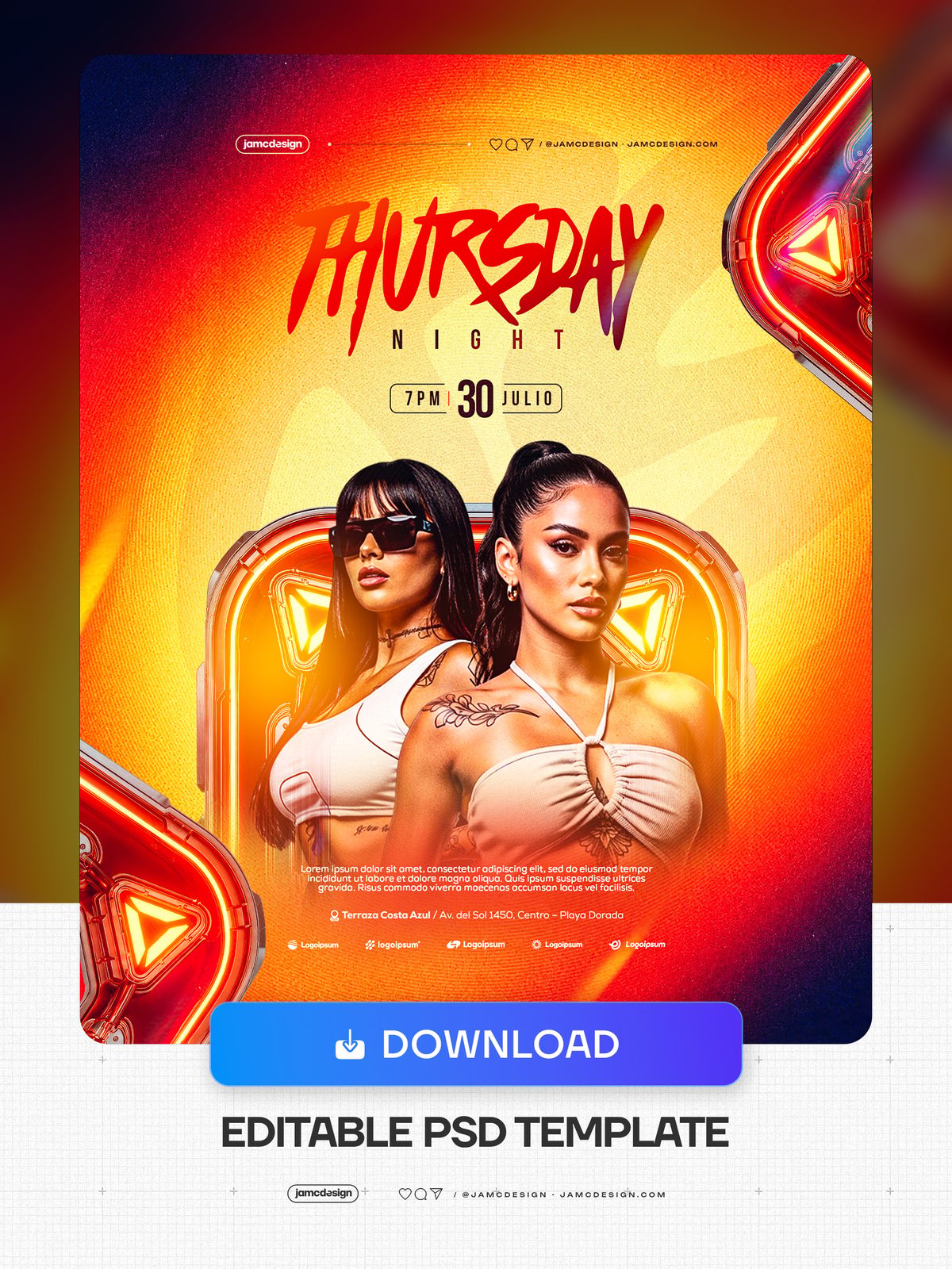 Thursday Night Flyer With Orange Neon Triangles PSD. Editable PSD template for a Thursday night social media flyer — Additional preview