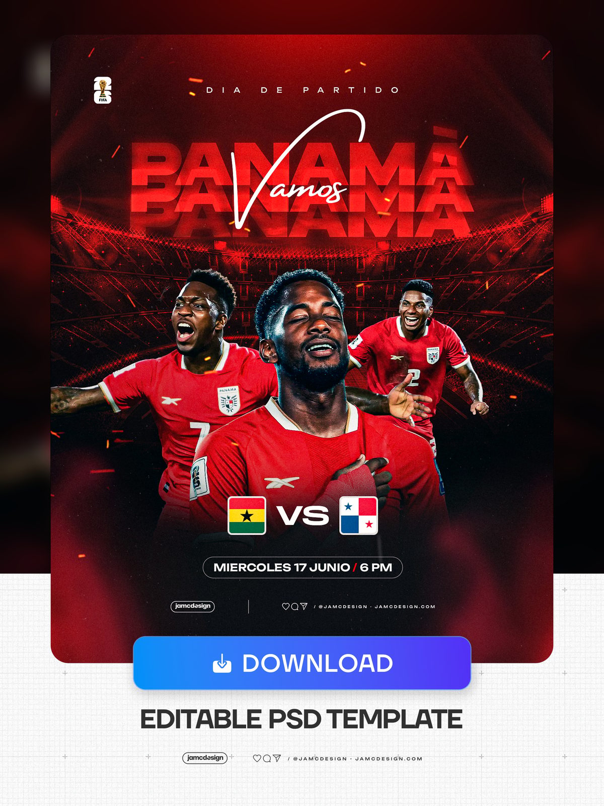 Plantilla De Flyer Fútbol Panamá Vs Ghana PSD Editable. Plantilla PSD editable para un flyer de partido de fútbol con tres atletas en camisetas rojas — Vista previa adicional