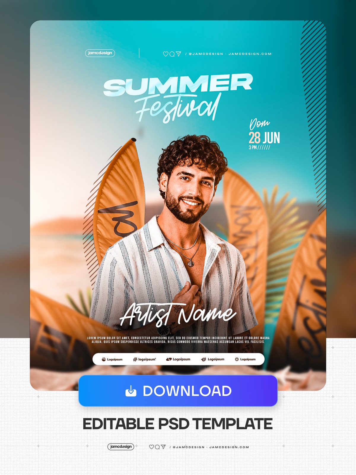 Summer Festival Flyer Template PSD Editable. Editable PSD template for a Summer Festival flyer, featuring a smiling bearded man in an open striped shirt — Additional preview