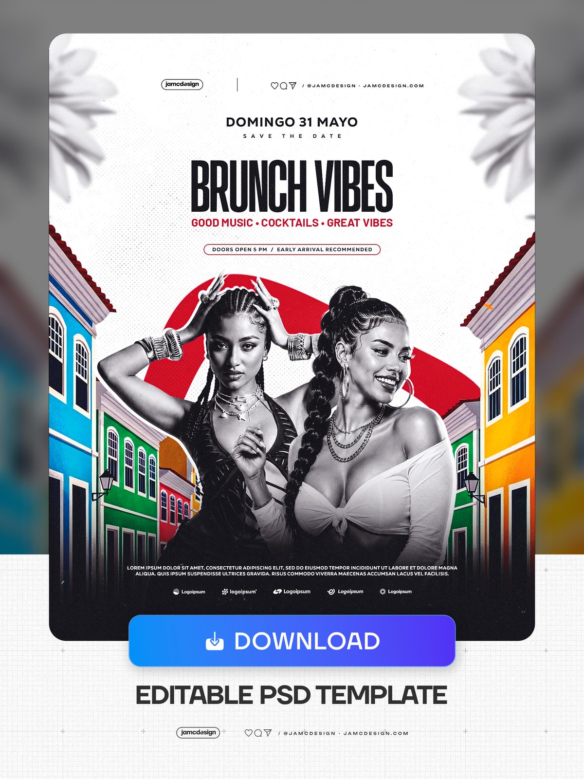 Modèle De Flyer Ambiance Brunch PSD Modifiable. Modèle de flyer PSD modifiable pour un événement de brunch dominical, présentant une composition rouge — Aperçu supplémentaire