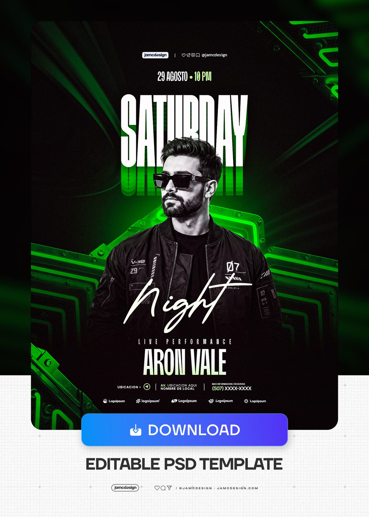 Saturday Night Green Neon Portrait Flyer PSD. Editable PSD event flyer template for a Saturday night music performance — Additional preview
