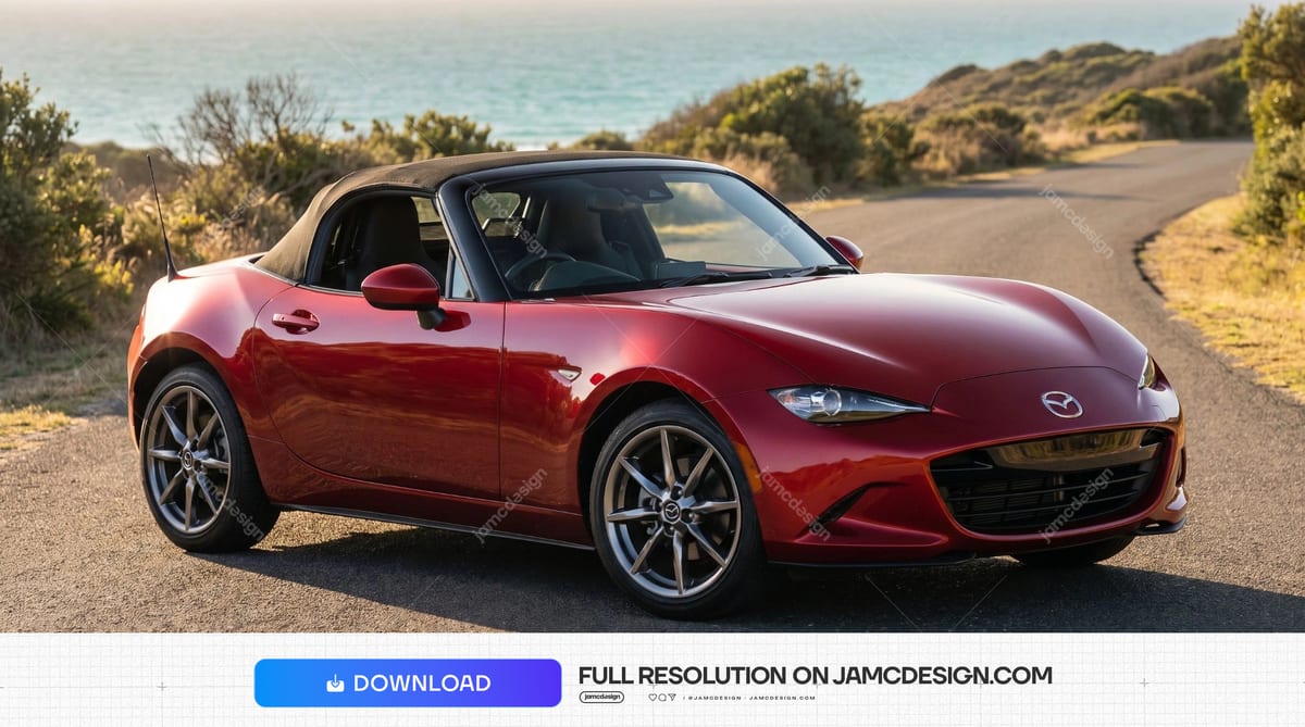 Red Mazda MX-5 On A Coastal Road. This realistic JPG photo shows a red convertible car on a winding coastal road — Additional preview