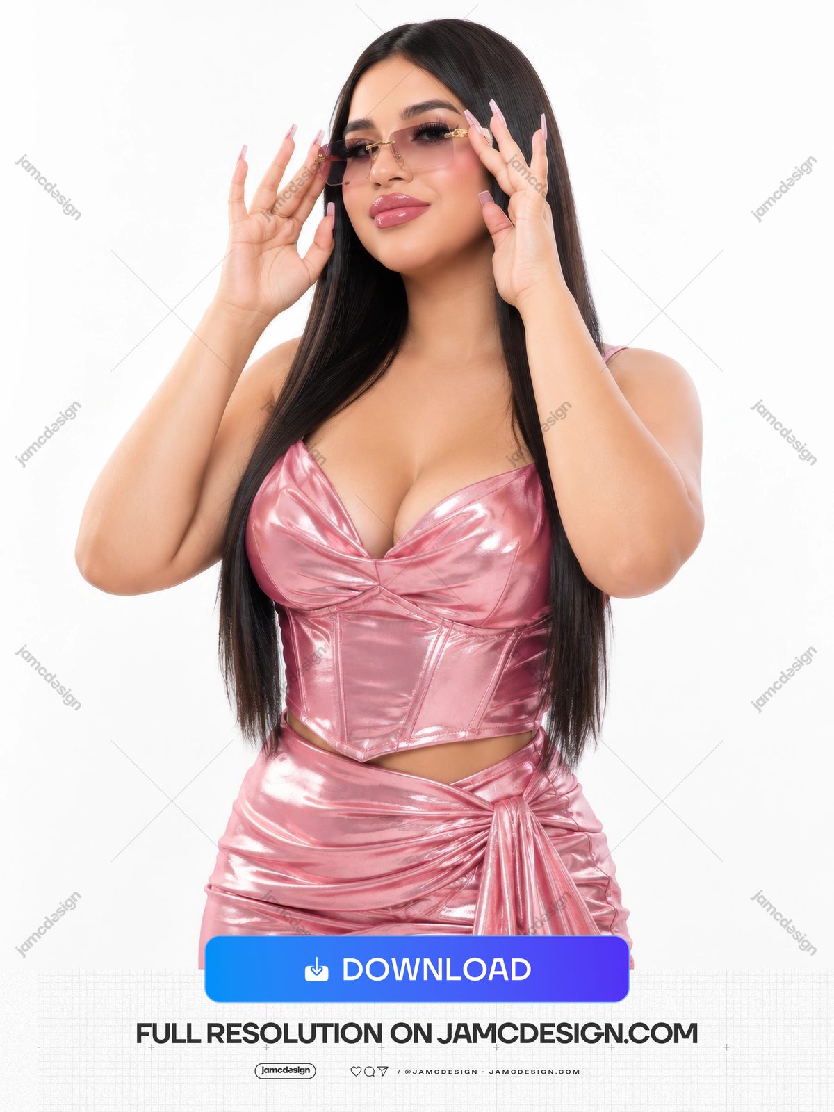 Mujer Con Atuendo Rosa Brillante Y Gafas De Sol PNG. Descarga esta foto PNG de una mujer posando con un conjunto rosa brillante de dos piezas y gafas de sol — Vista previa adicional