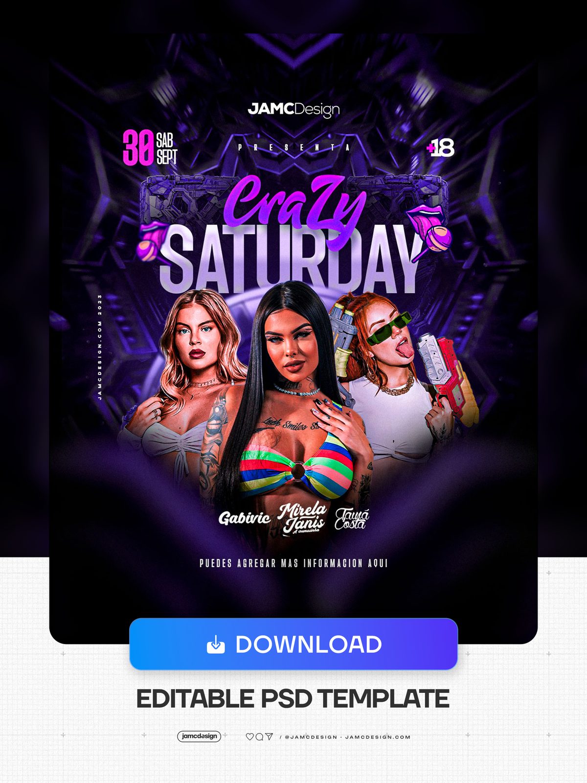 Crazy Saturday Flyer Template PSD. Editable PSD template for a Saturday party event flyer, with a dark purple composition, neon pink accents — Additional preview