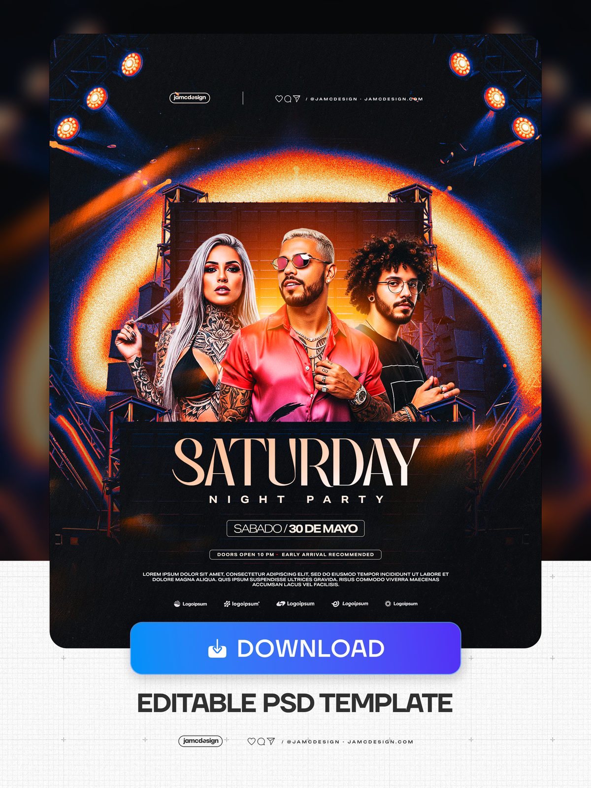 Saturday Night Party Flyer PSD With Orange Glow Arcs. Editable PSD template for a Saturday nightclub event flyer with a dark stage scene — Additional preview