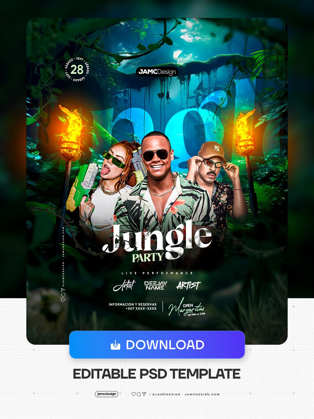 Jungle Party Flyer Template PSD. Editable PSD template for a jungle party flyer with three portrait figures against a dense green forest — Additional preview