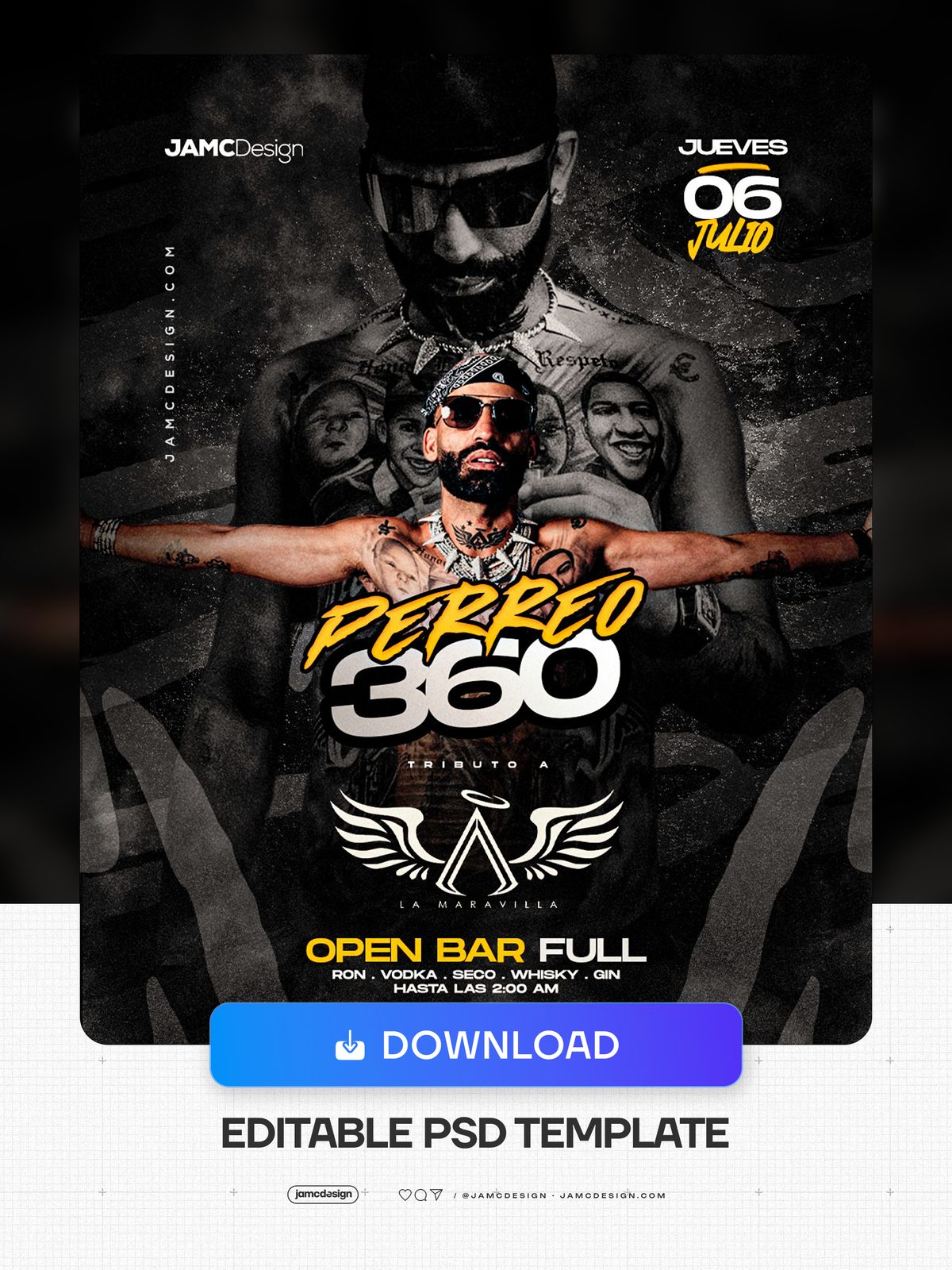 Perreo 360 Flyer Template PSD. Editable PSD party flyer template with a dark composition, a tattooed bearded man with arms outstretched — Additional preview