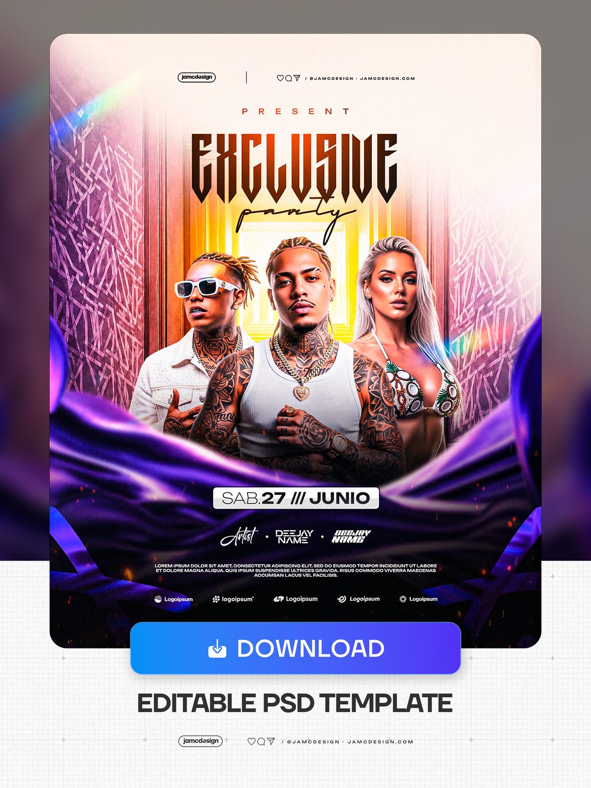 Exclusive Party Flyer Template PSD Editable. Editable PSD template for an exclusive party flyer with three figures, bold condensed lettering — Additional preview