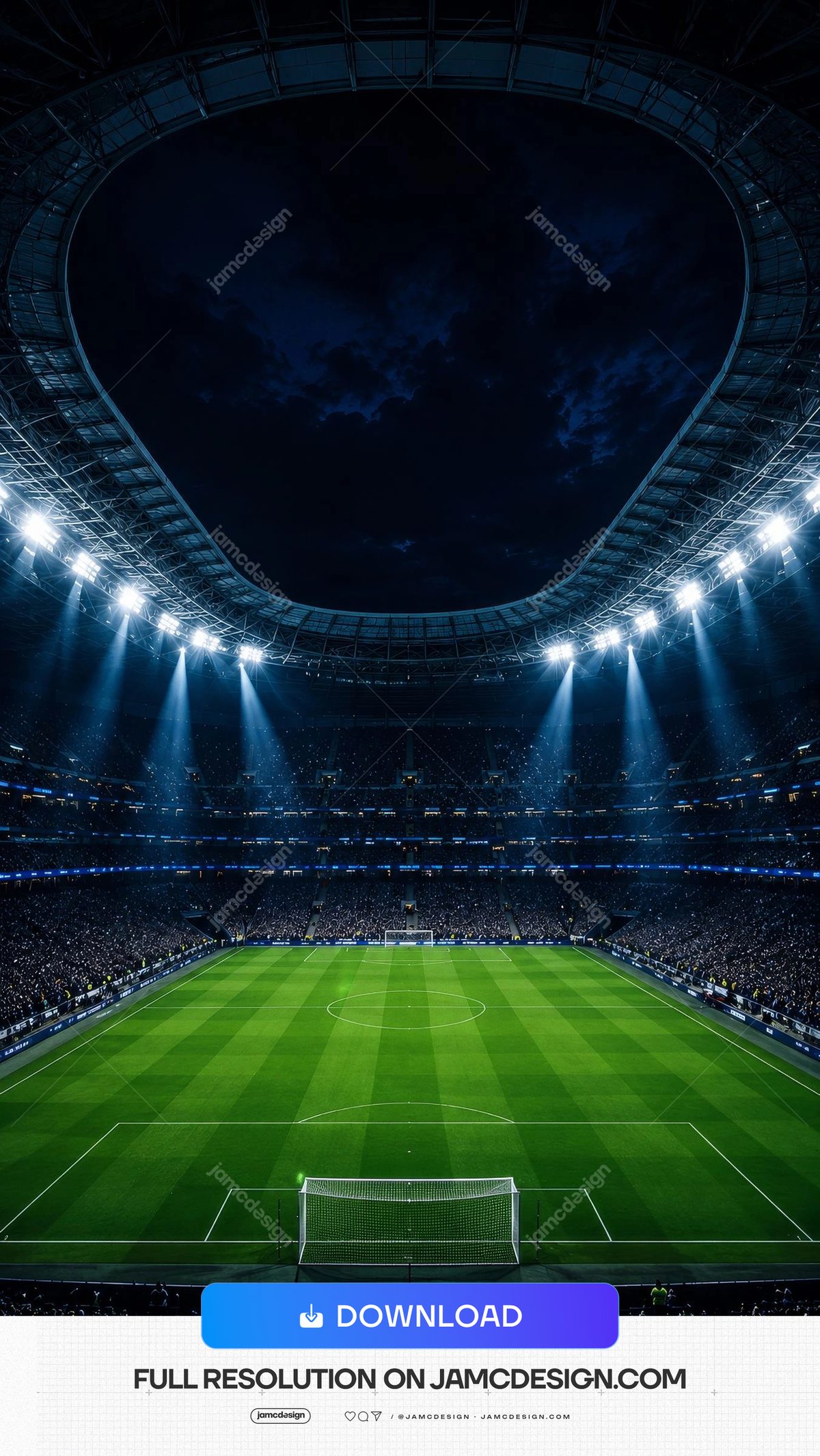 Illuminated Soccer Stadium With Open Roof Background. JPG photo of an illuminated open-roof soccer stadium at night, showing a green striped pitch — Additional preview
