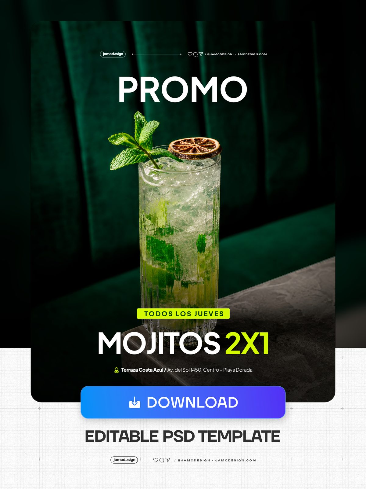 Flyer Promo Mojitos Modelo PSD Editável. Modelo de PSD editável para um flyer de promoção de bebidas com um copo alto de gelo triturado — Prévia adicional