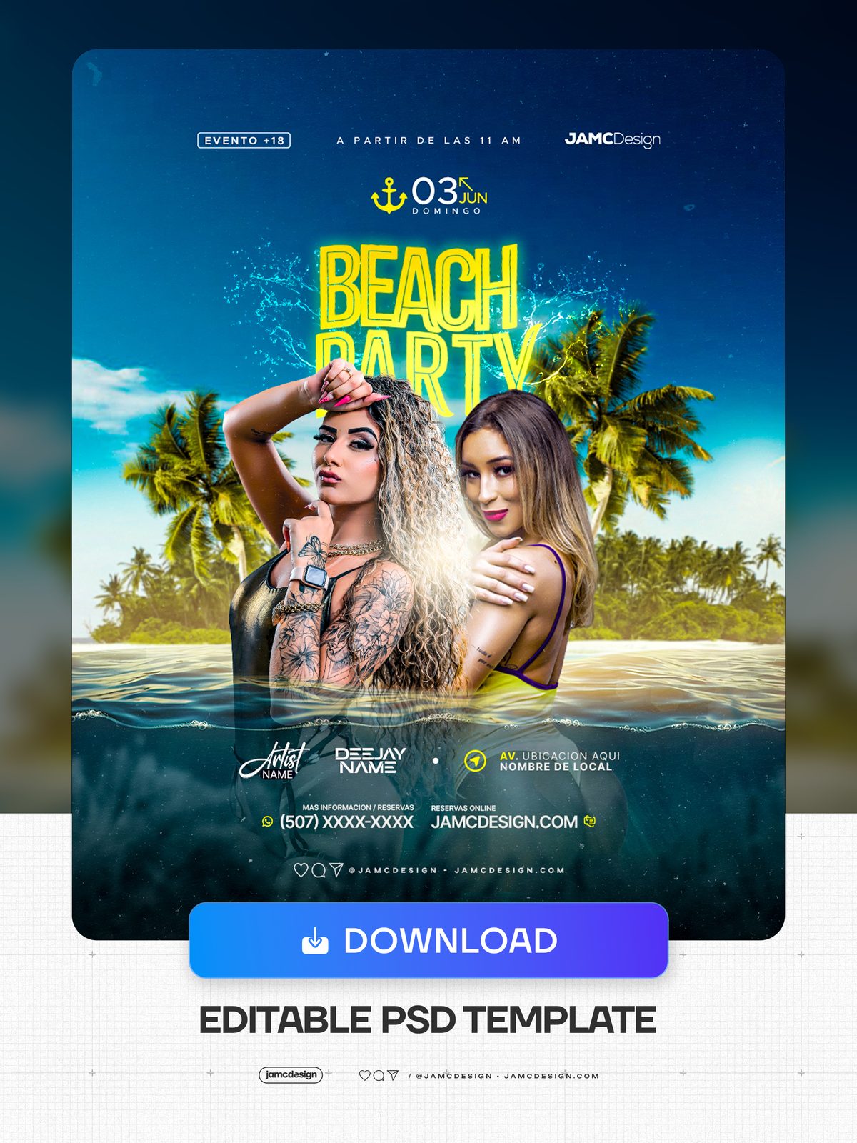 Beach Party Flyer Template PSD. Editable PSD template for a tropical beach party event flyer, with two female portraits waist-deep in turquoise water — Additional preview