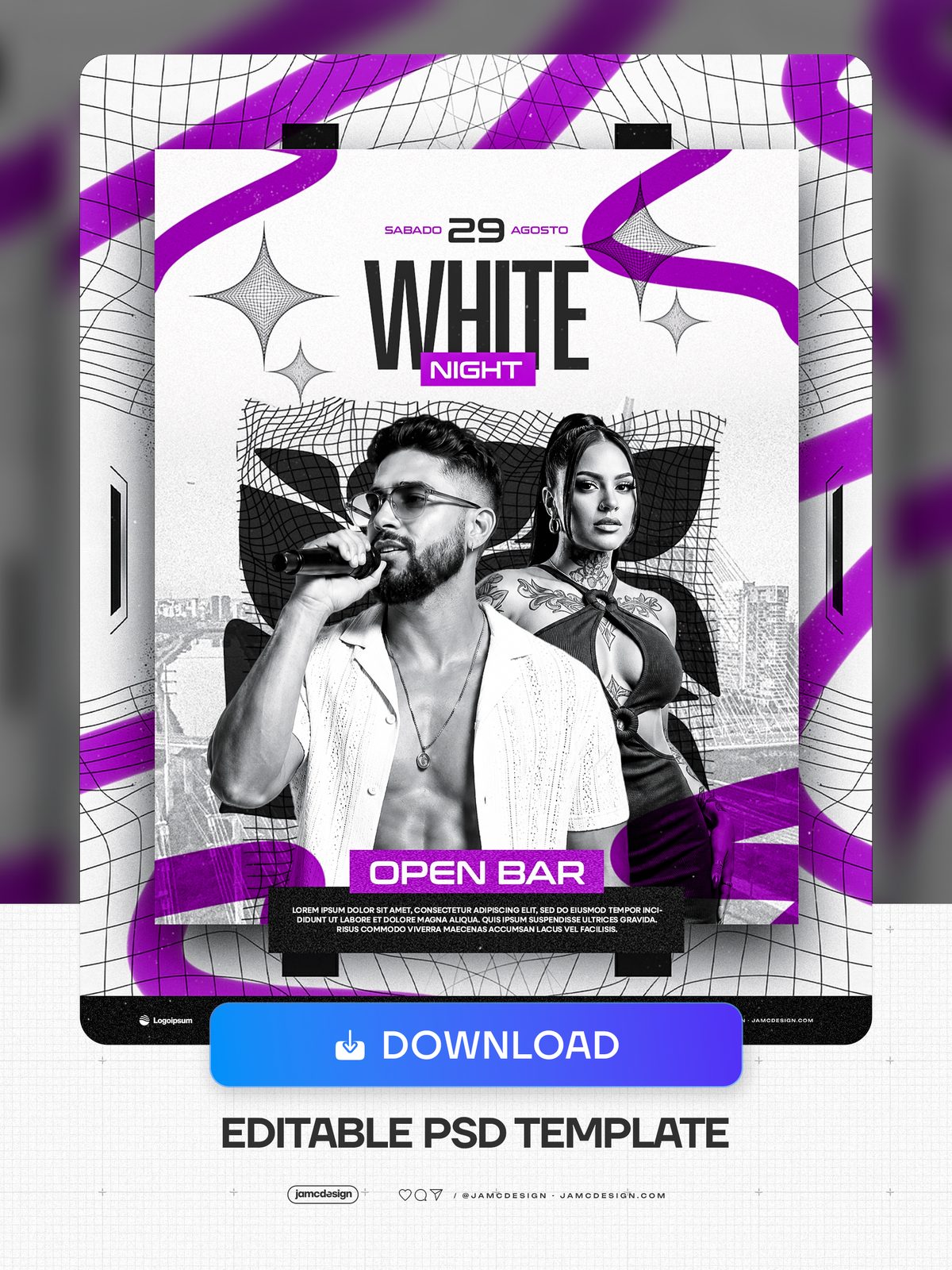 White Party Social Media Flyer Design Template PSD Editable. Editable PSD template for a nightlife social media flyer — Additional preview