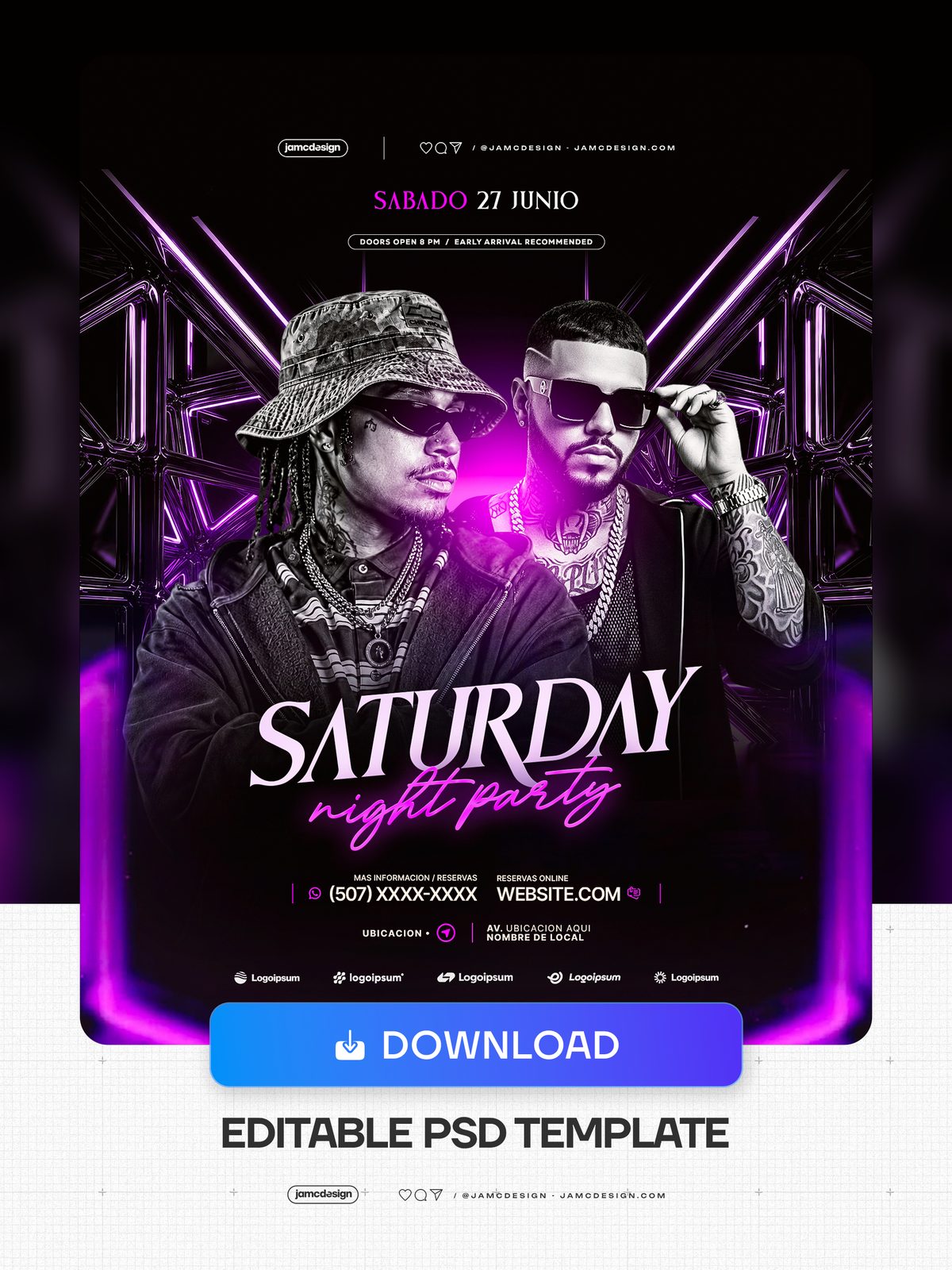 Flyer PSD De Fiesta Del Sábado Con Neón Morado. Plantilla de PSD editable para un flyer de fiesta de noche de sábado con una composición oscura — Vista previa adicional