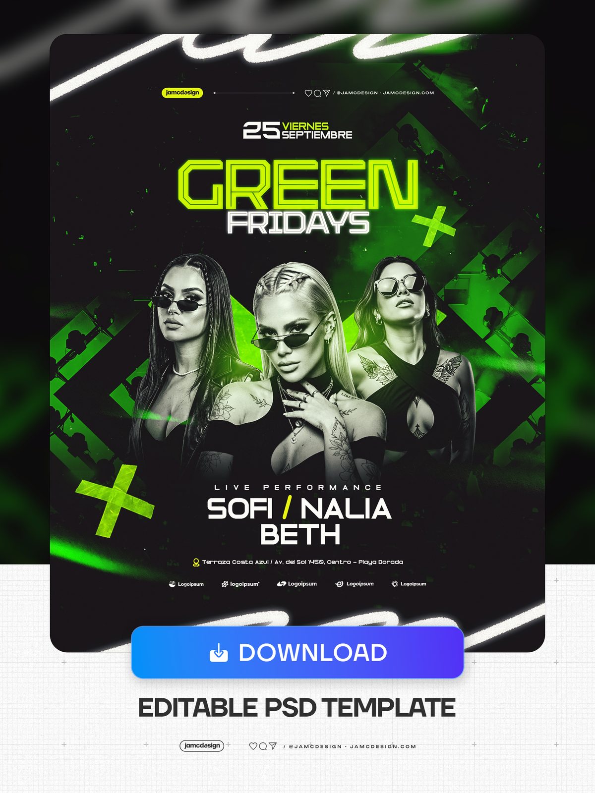 Green Fridays Nightlife Event Flyer PSD. Editable PSD event flyer for a green Friday nightlife promotion, featuring three fashion styled women — Additional preview