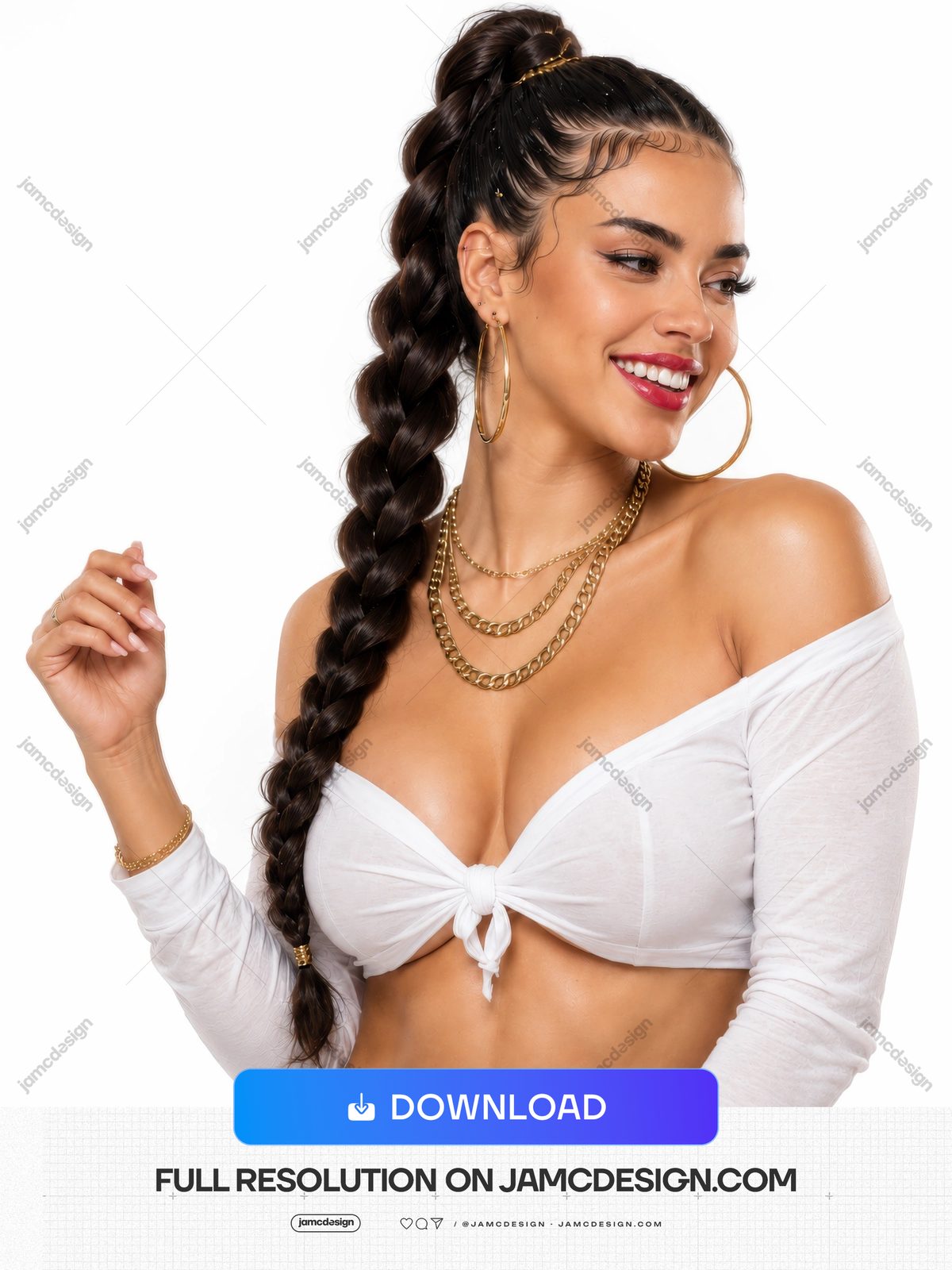 Smiling Woman Portrait With Braid And Gold Jewelry PNG. This PNG photo features a smiling woman with a long braid, hoop earrings and layered gold jewelry — Additional preview