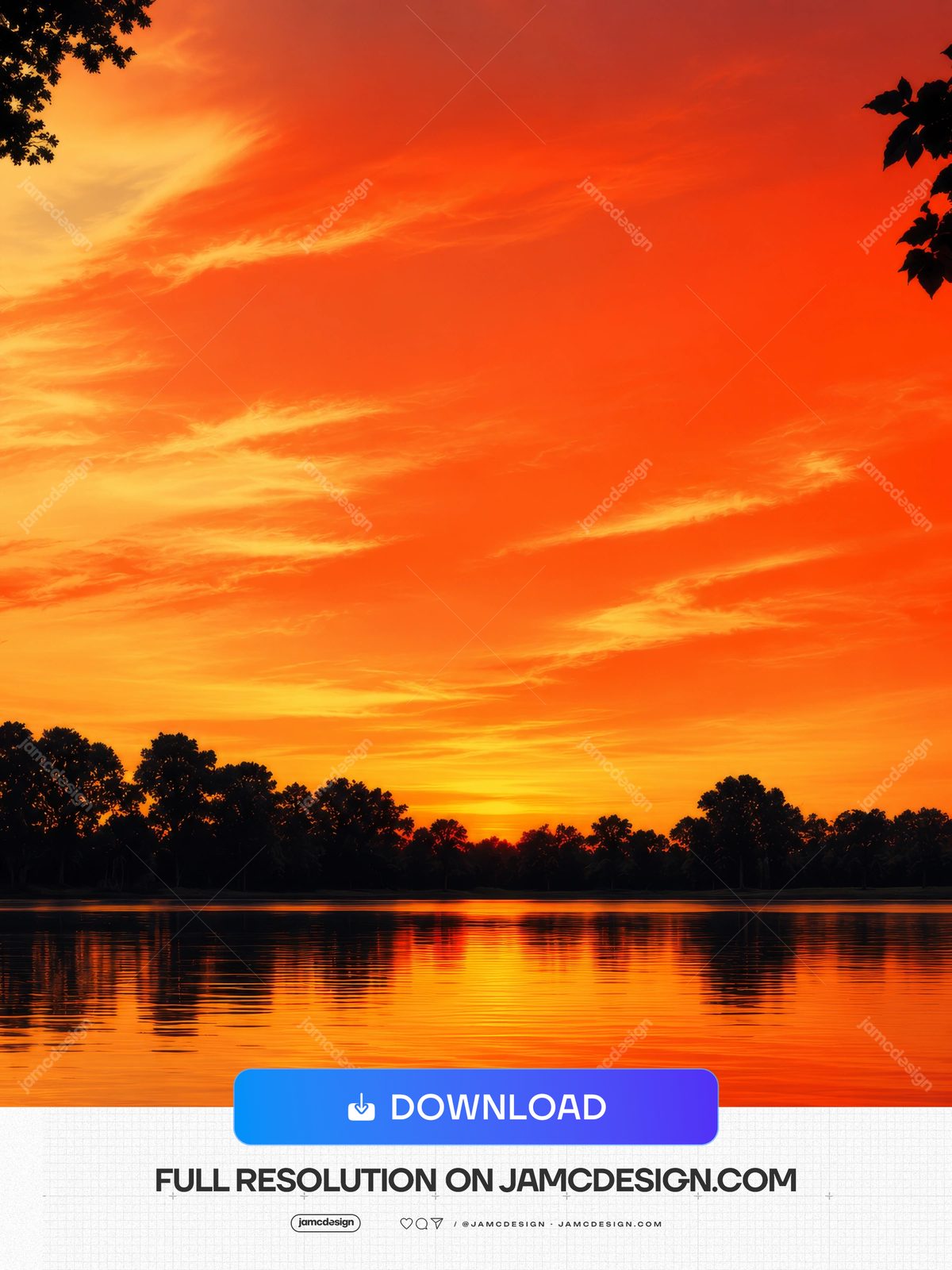 Orange Sunset Over Lake Background PNG. This PNG background captures a vivid orange sunset reflected across a calm lake — Additional preview
