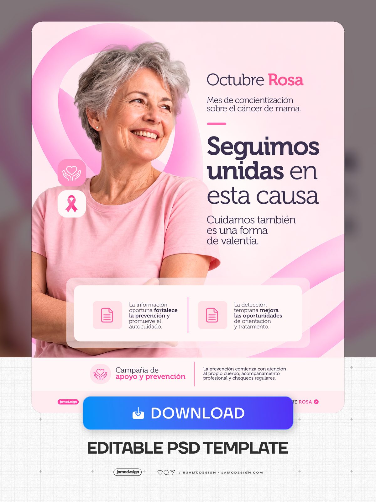 Breast Cancer Awareness Flyer Template PSD. This editable PSD social media template pairs a smiling older woman with pink ribbon graphics in a bright — Additional preview