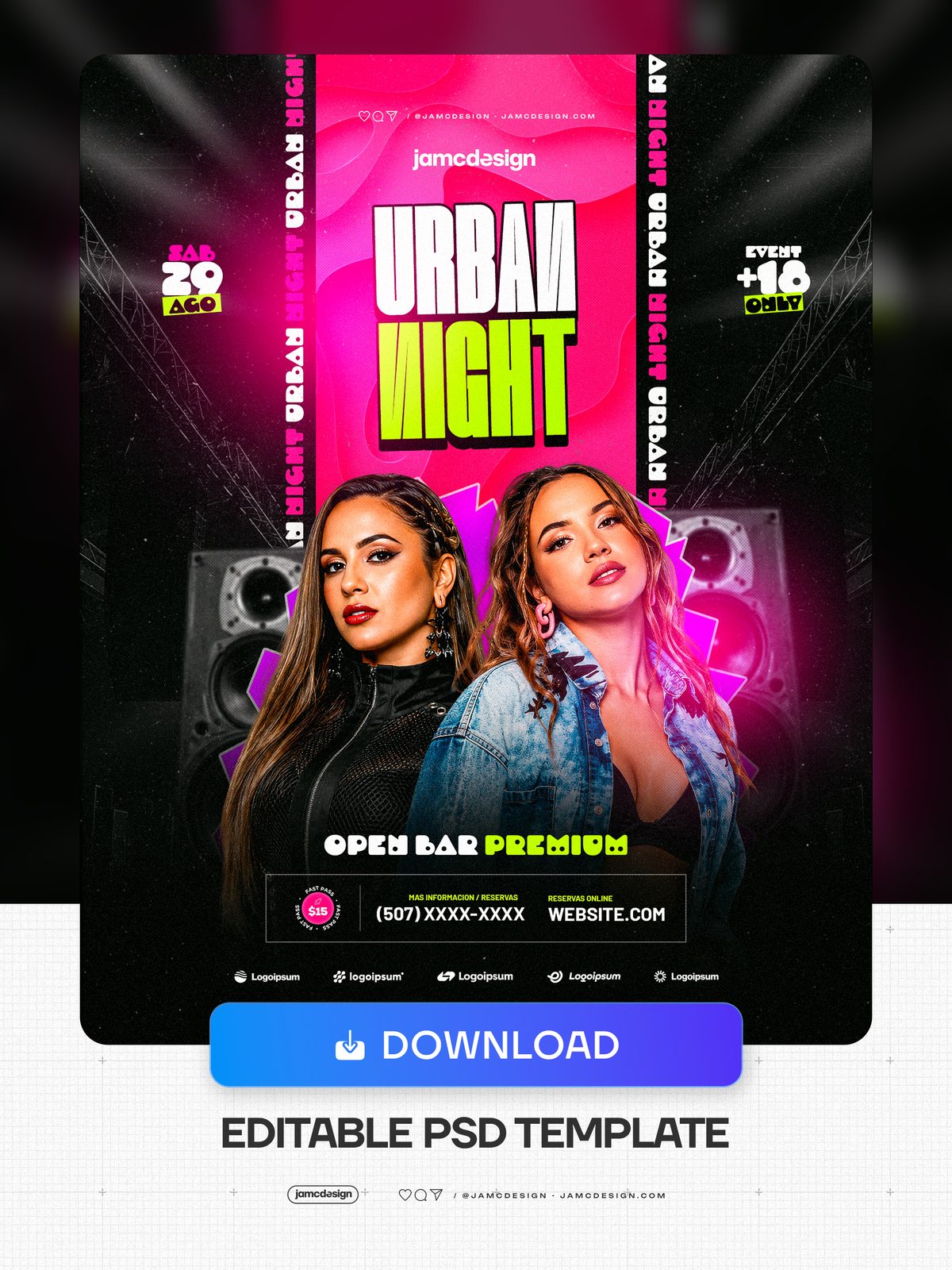 Plantilla De Flyer Diseño Urbano Nocturno PSD Editable. Plantilla de PSD editable para un flyer de fiesta urbana nocturna con dos mujeres en chaquetas de cuero — Vista previa adicional