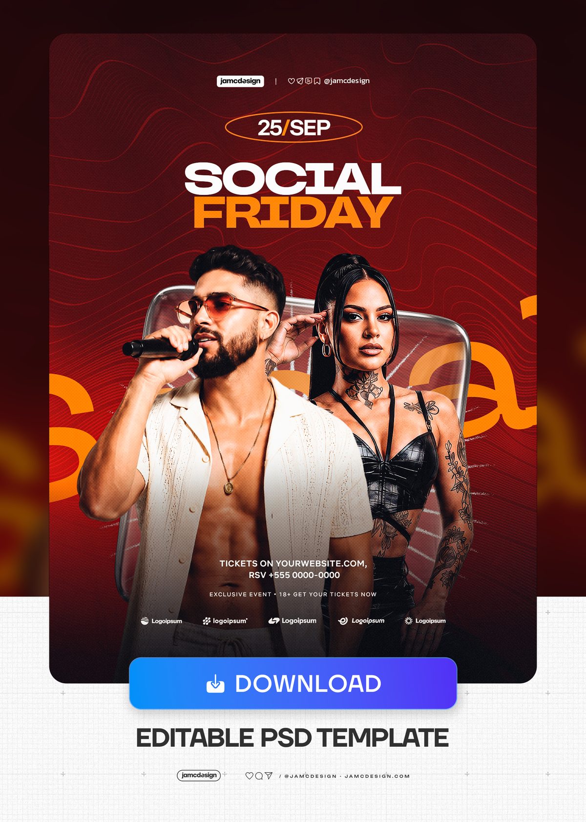 Social Friday Event Flyer PSD. Editable PSD event flyer template for a Friday night gathering, featuring a man with a microphone and a woman against dark red — Additional preview