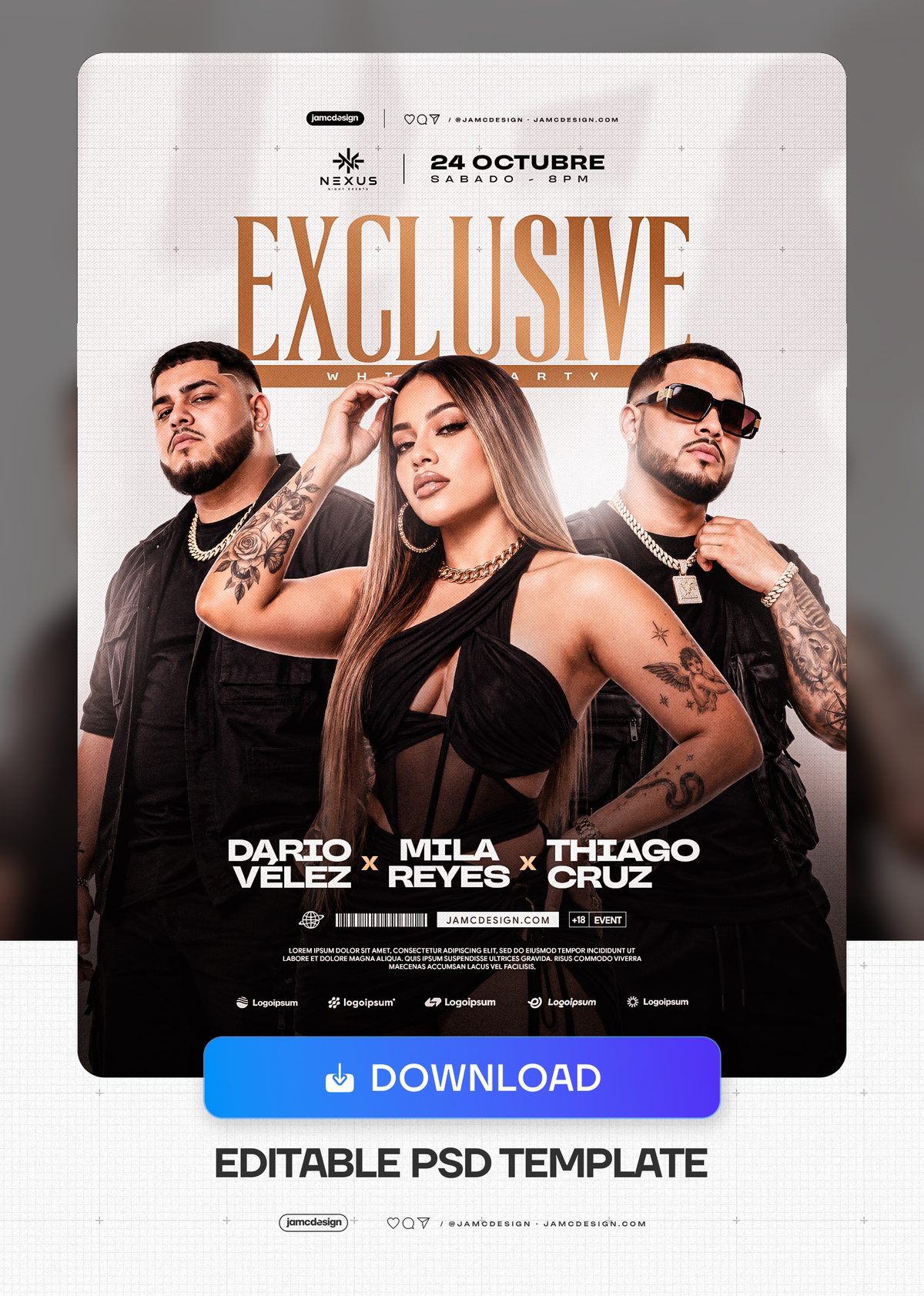 Exclusive White Party Flyer Template PSD. Download this editable PSD event flyer for a white party, with three fashion styled figures — Additional preview