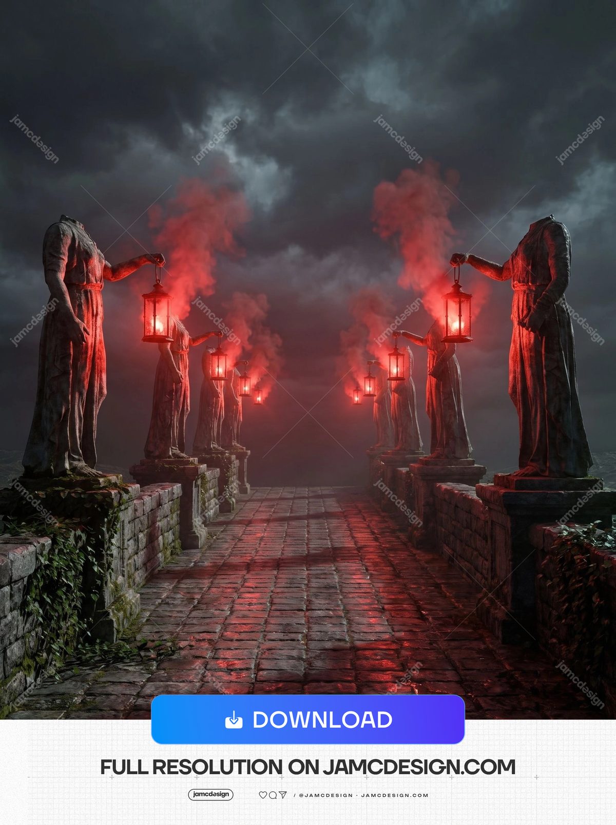 Headless Statues Red Lantern Path Crimson Stone Walkway Background. JPG background showing a brick walkway lined with headless stone statues holding red — Additional preview