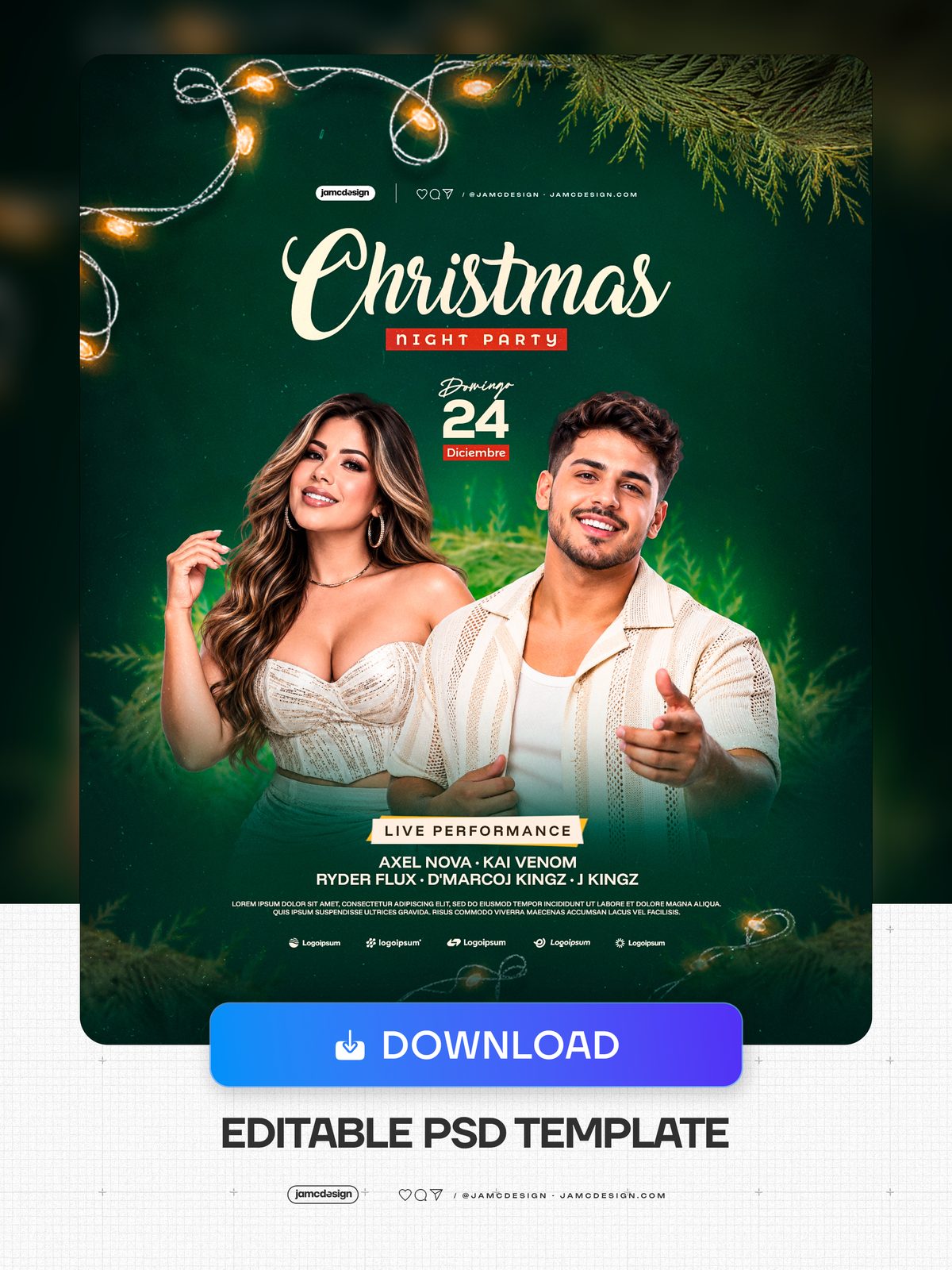 Modelo De Flyer De Festa De Natal Em Verde Escuro PSD. Este modelo de flyer de evento de Natal em PSD combina duas figuras sorridentes com folhagens perenes — Prévia adicional