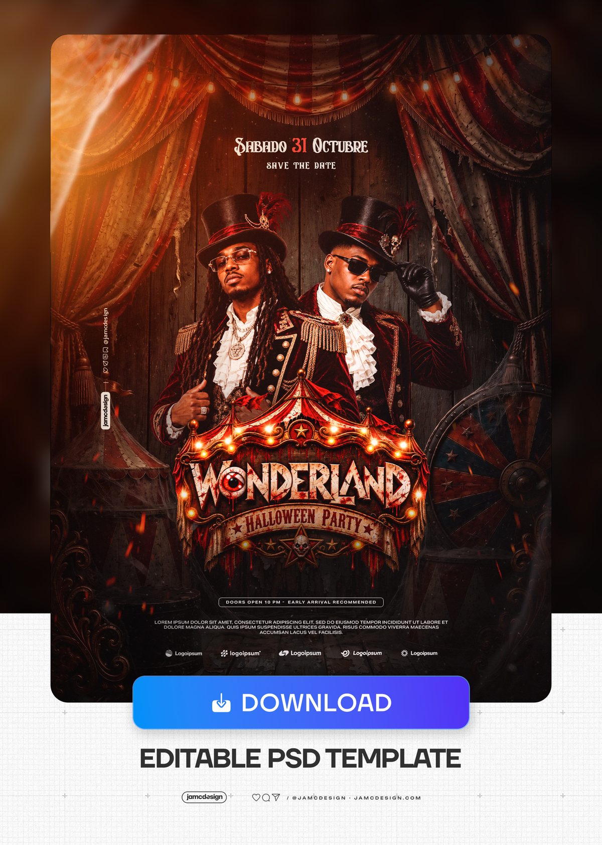 Wonderland Halloween Party Flyer PSD. Download this editable PSD event flyer template for a Halloween party, featuring two men in ornate costumes — Additional preview