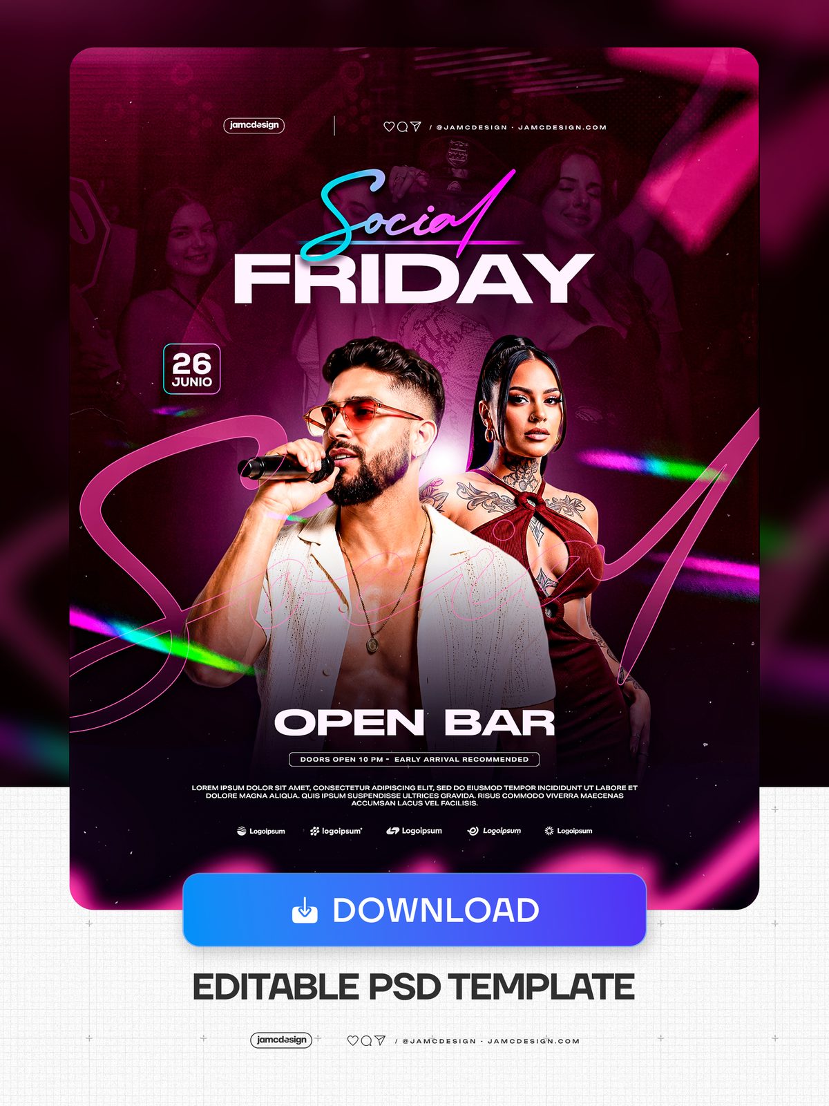 Plantilla De Flyer Social Viernes PSD Editable. Plantilla de flyer de evento PSD editable con un hombre con gafas de sol y micrófono y una mujer con coleta — Vista previa adicional