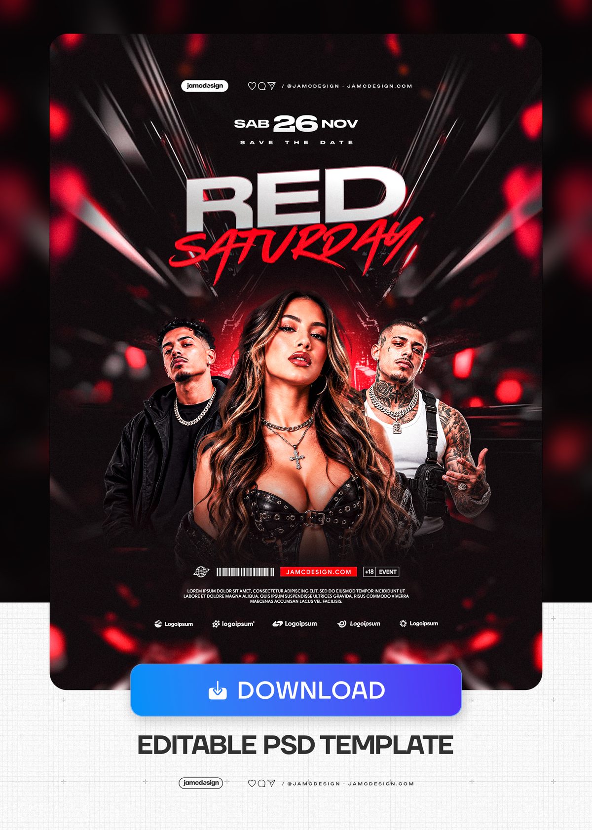 Red Saturday Event Flyer Template PSD. This editable PSD event flyer pairs three posed figures with bold condensed lettering — Additional preview