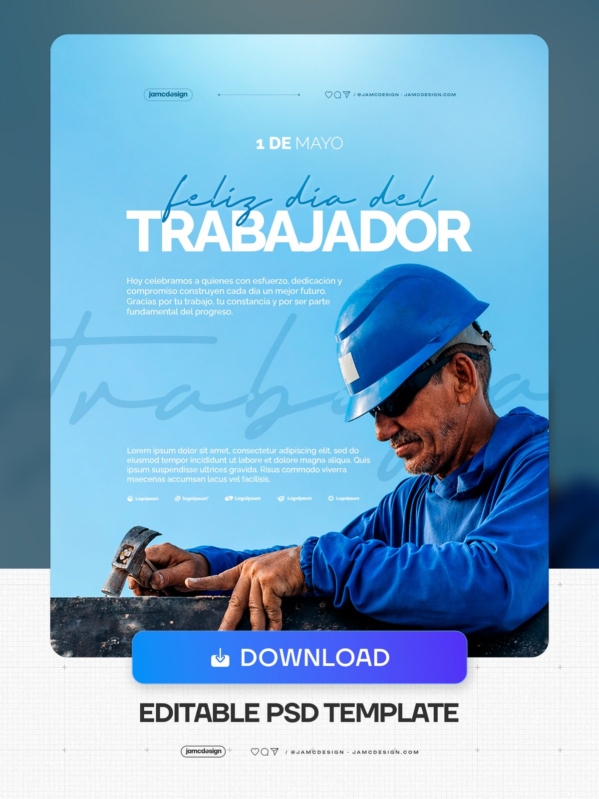 Plantilla De Flyer Día Del Trabajador PSD Editable. Plantilla PSD editable con fondo en degradado azul que muestra a un trabajador con casco azul y uniforme — Vista previa adicional