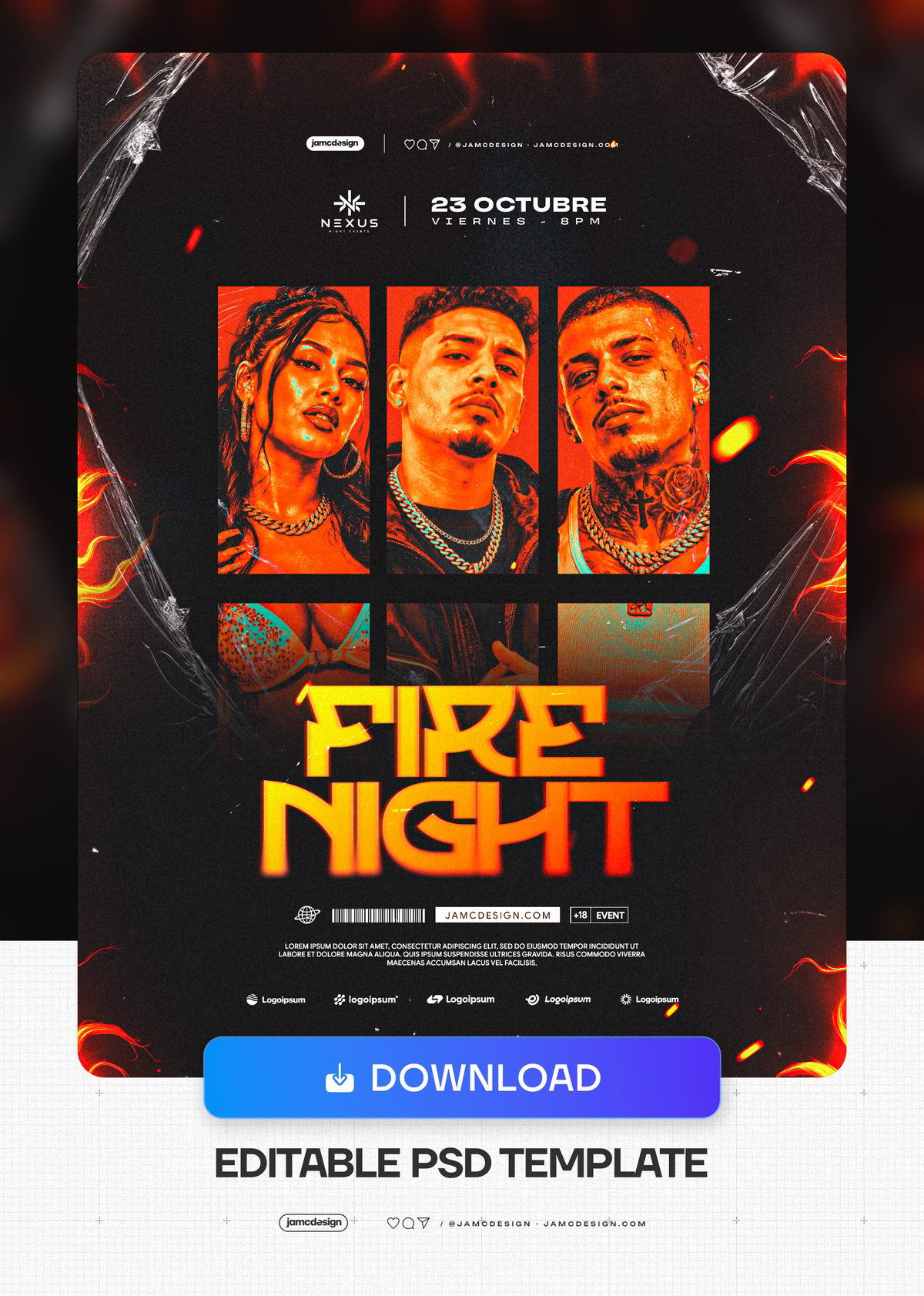 Plantilla PSD De Flyer De Evento Fire Night. Descarga esta plantilla de flyer de evento editable en PSD, con tres retratos de moda — Vista previa adicional