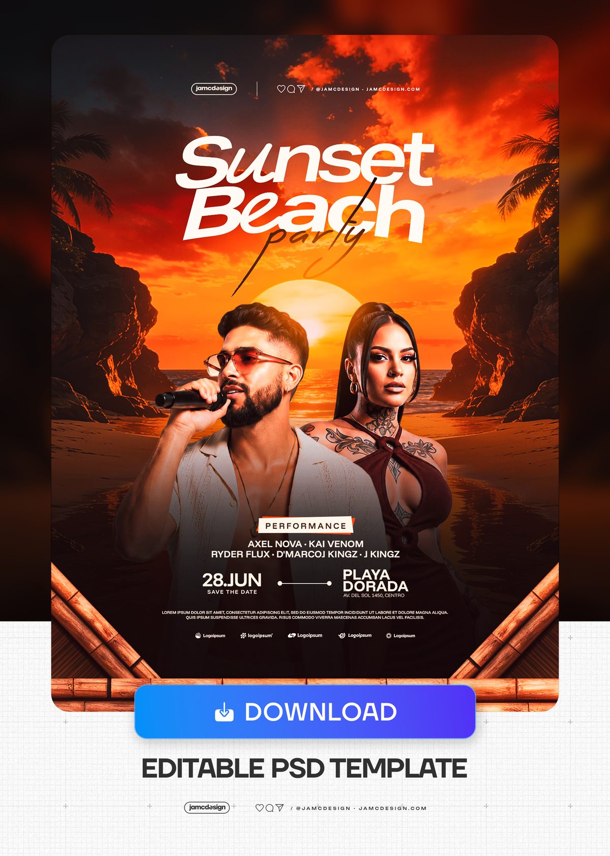 Sunset Beach Party Flyer Template PSD. Download this editable PSD event flyer for a sunset beach party — Additional preview