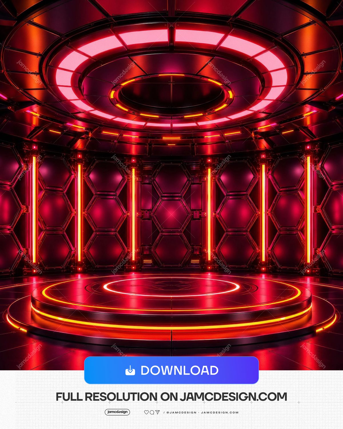 Red Magenta Futuristic Hexagon Neon Stage Background. Futuristic circular stage room supplied as a JPG background, with concentric ceiling neon rings — Additional preview