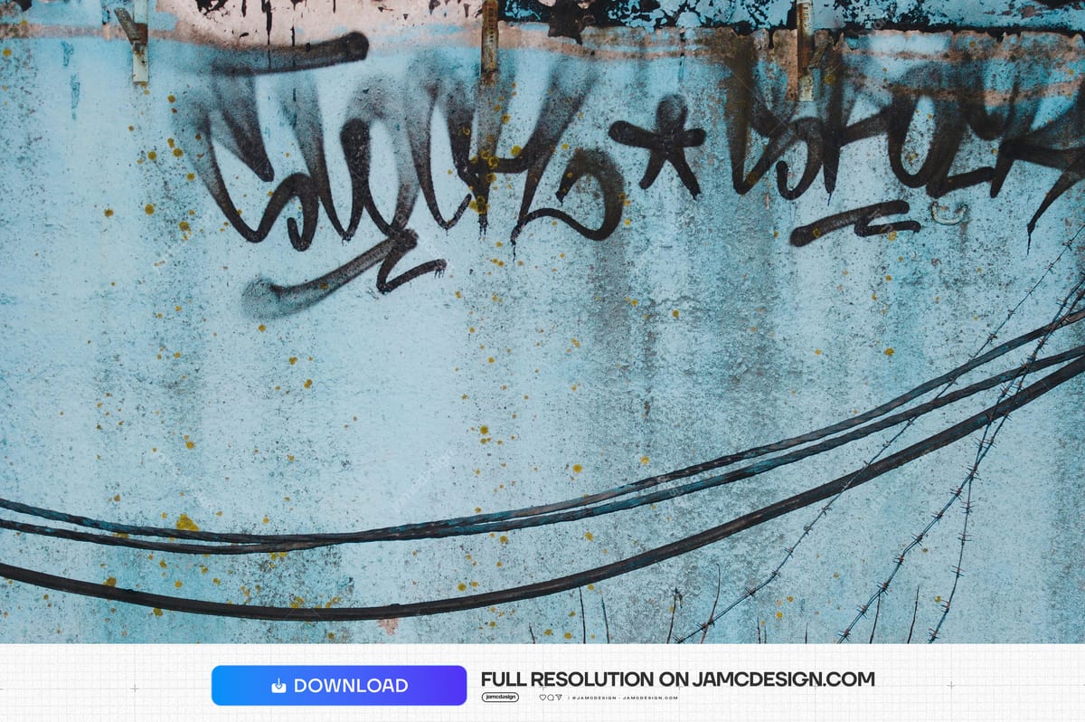 Blue Wall Texture With Graffiti And Overhead Wires. This JPG texture shows a weathered blue wall with black graffiti, overhead wires — Additional preview
