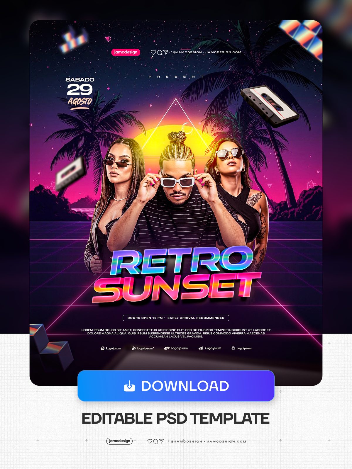 Modèle De Flyer Pour Réseaux Sociaux Événement Coucher De Soleil Rétro PSD Modifiable. Modèle de flyer pour réseaux sociaux au format PSD avec une esthétique — Aperçu supplémentaire
