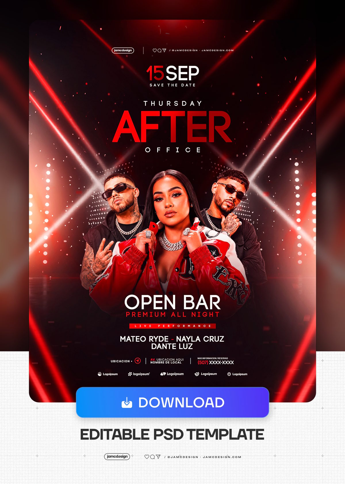 Thursday After Work Neon Performer Trio Flyer PSD. Download this editable PSD event flyer for an after office Thursday night — Additional preview