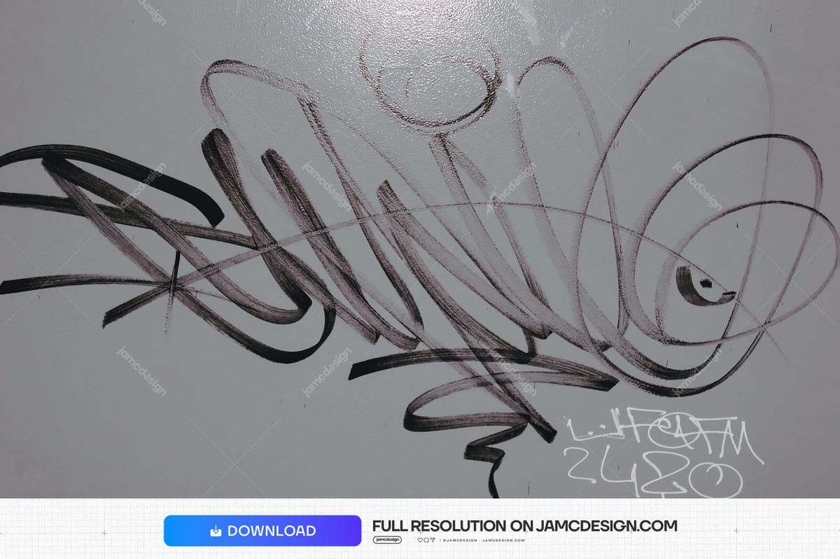 Gray Wall Texture With Sweeping Black Graffiti. Download this JPG texture showing sweeping black graffiti strokes and a smaller white tag across a gray wall — Additional preview