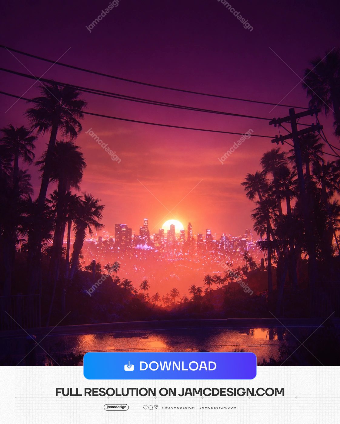 Fond Coucher De Soleil Ville Vaporwave Avec Palmiers Et Ciel Violet. Fond PNG d'un coucher de soleil sur une ville vaporwave — Aperçu supplémentaire