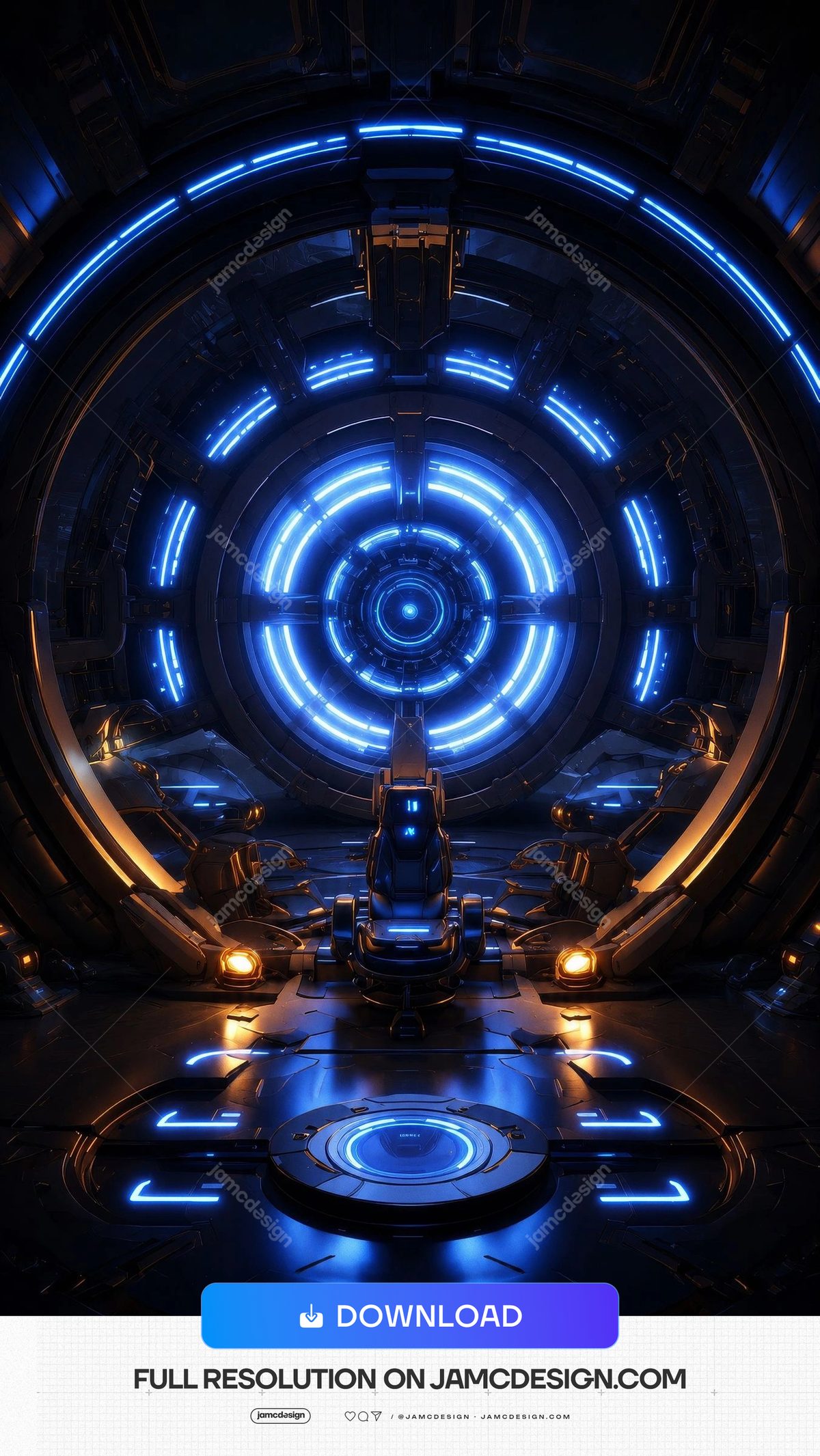 Futuristic Blue Neon Sci Fi Portal Room Background. Futuristic blue neon sci-fi portal room supplied as a JPG background, with concentric glowing rings — Additional preview