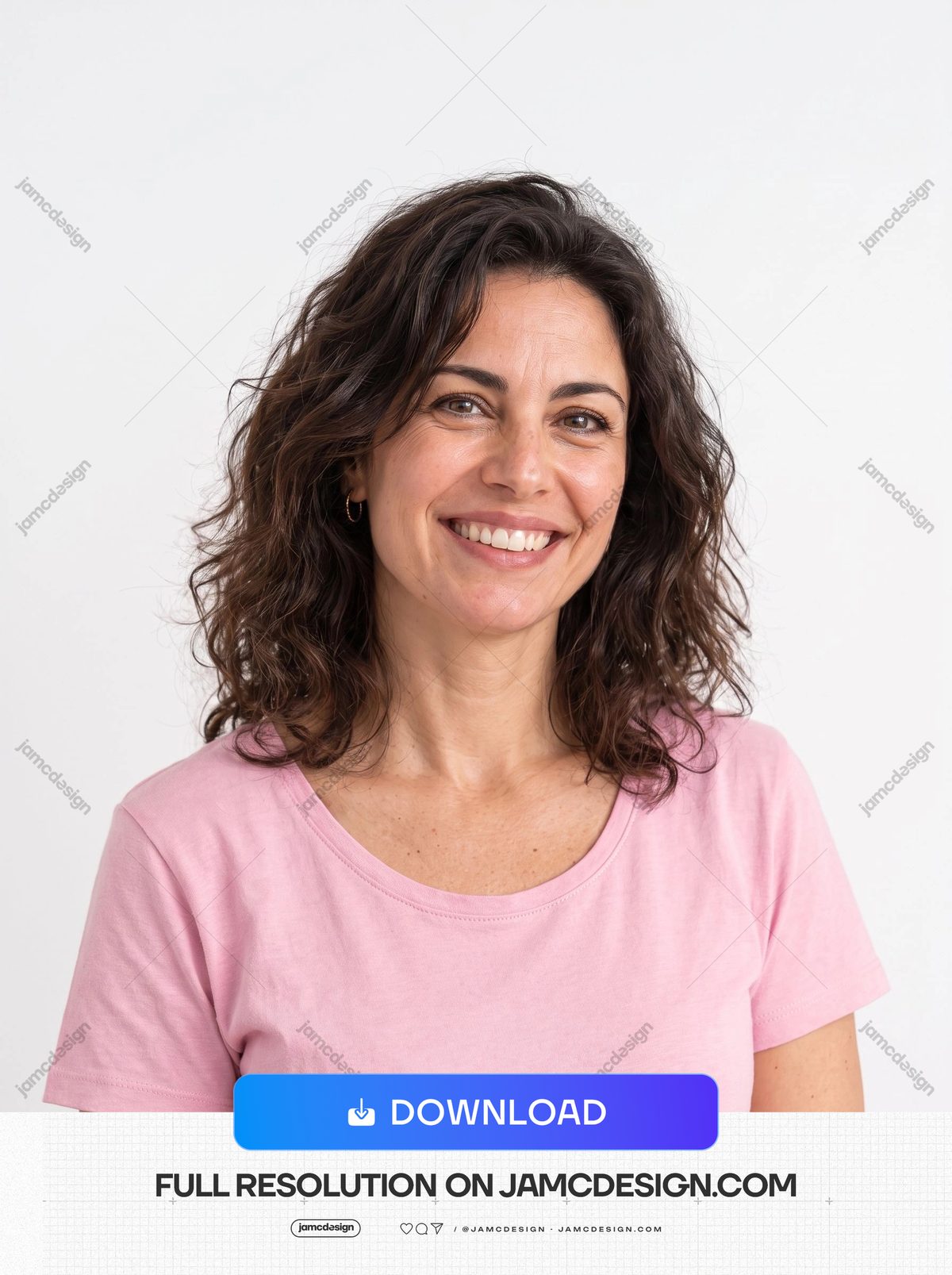 Portrait Of A Smiling Brunette With Curly Hair. This JPG photo shows a smiling curly haired brunette in a light pink shirt against a plain white background — Additional preview