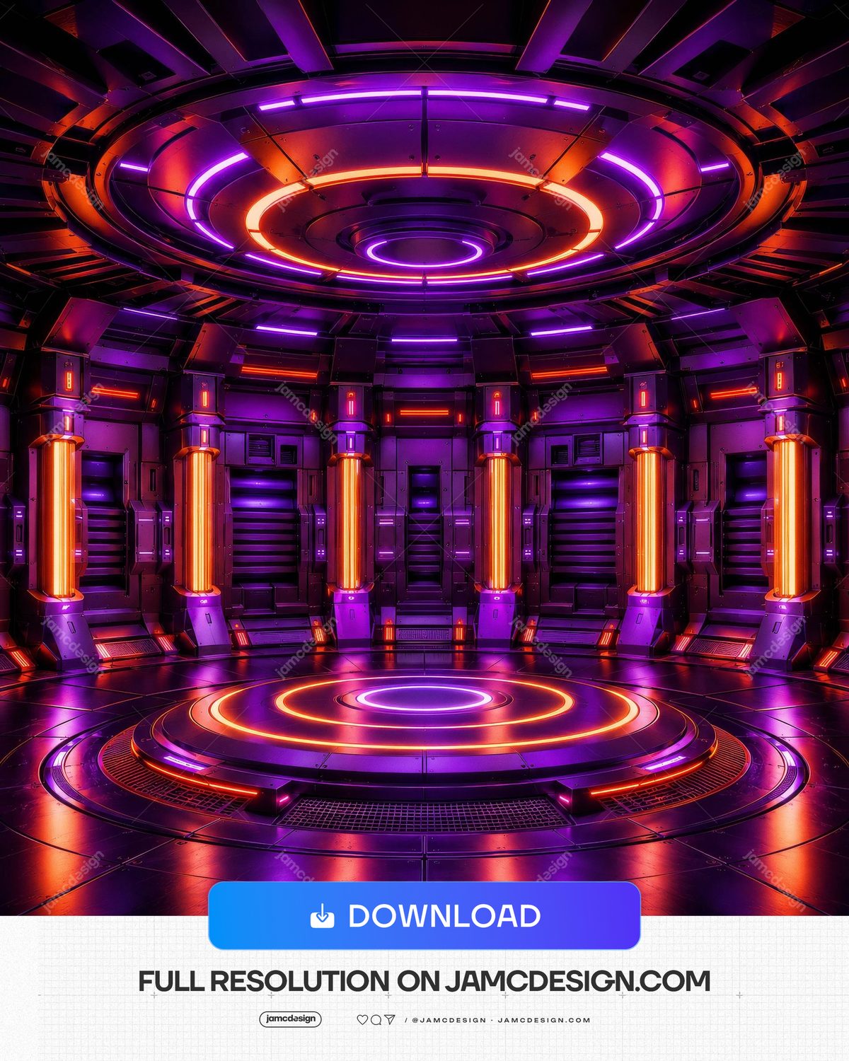 Purple Orange Cyber Neon Circular Platform Background. Cyberpunk neon circular platform stage room supplied as a JPG background — Additional preview