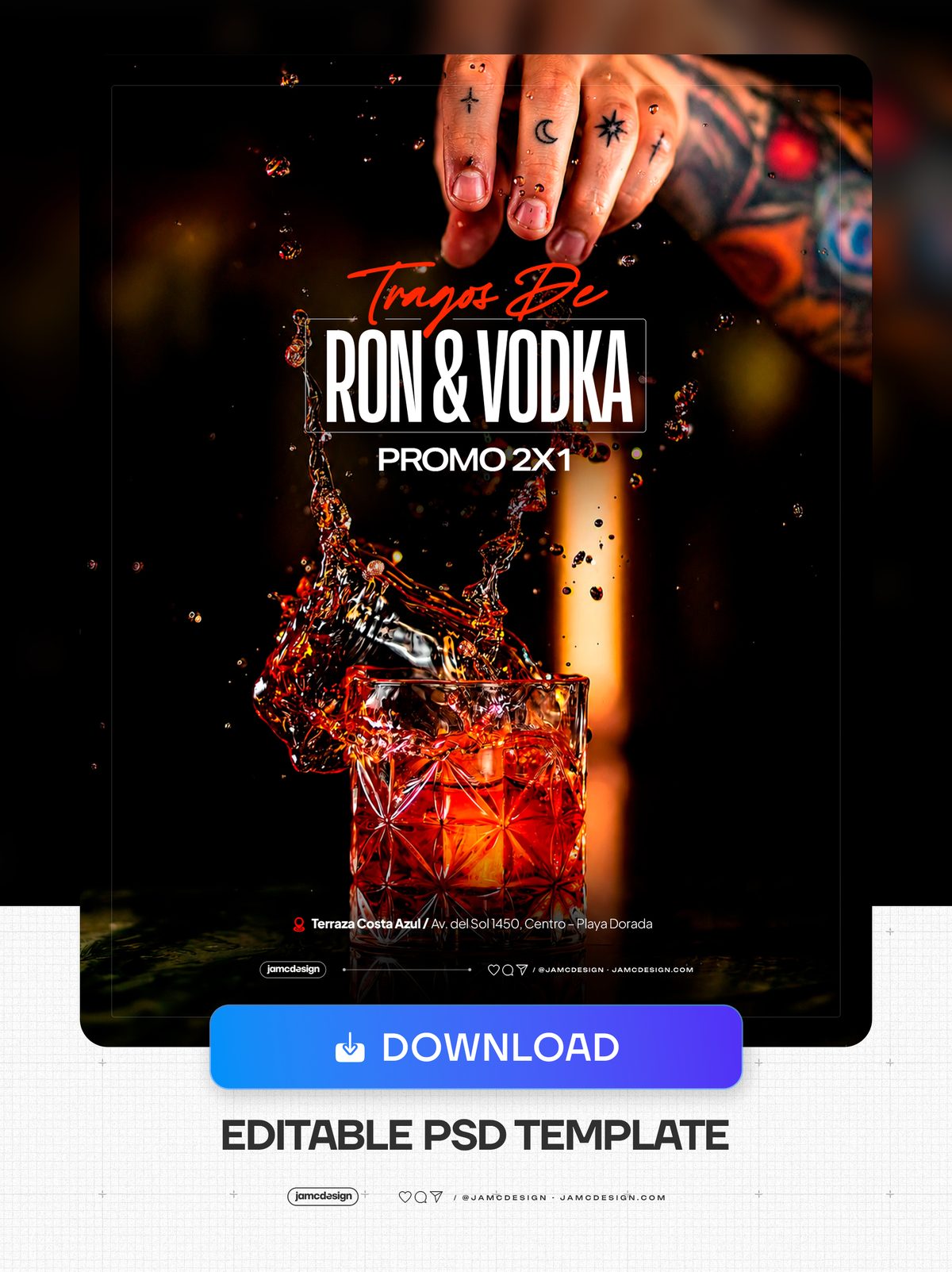 Promo Ron & Vodka Flyer Template PSD Editable. Editable PSD template for a drink promotion flyer, featuring a tattooed hand dropping ice into a cut crystal — Additional preview