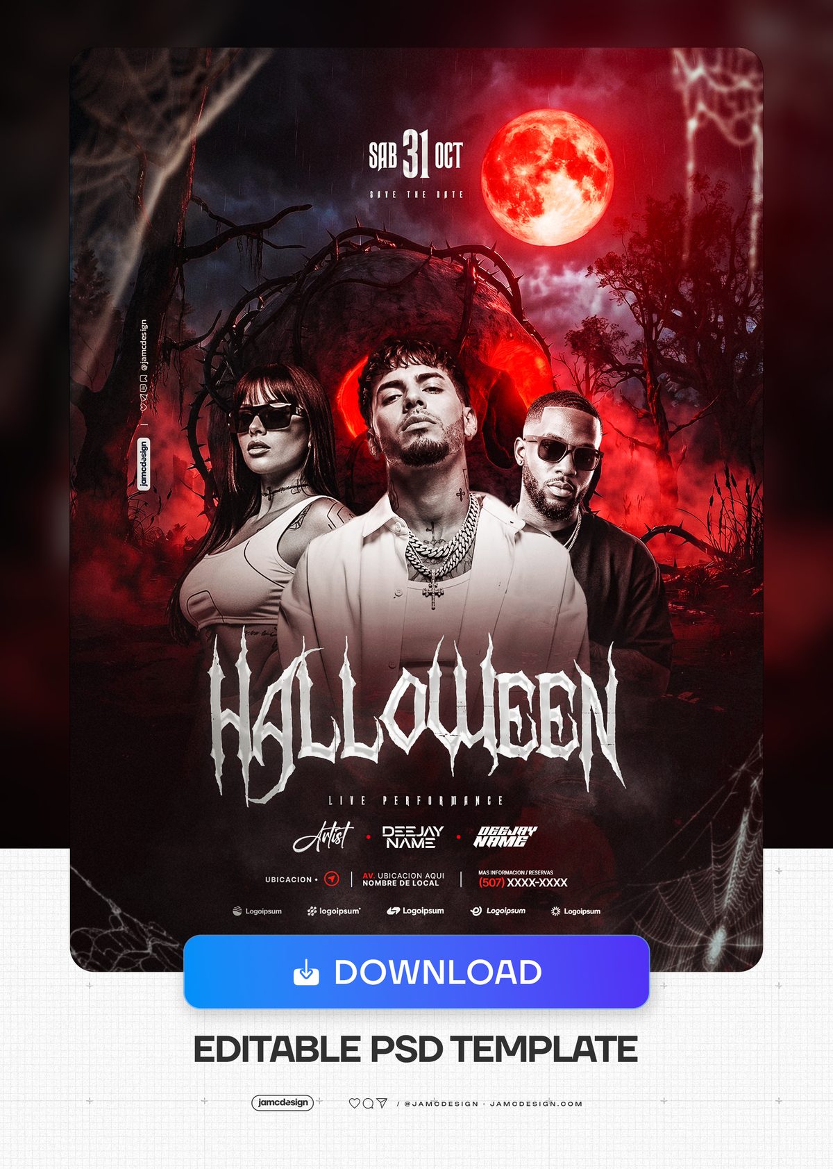 Modelo De Flyer De Festa Halloween Com Retratos E Lua Vermelha PSD. Modelo PSD Editável para um flyer de evento de Halloween — Prévia adicional