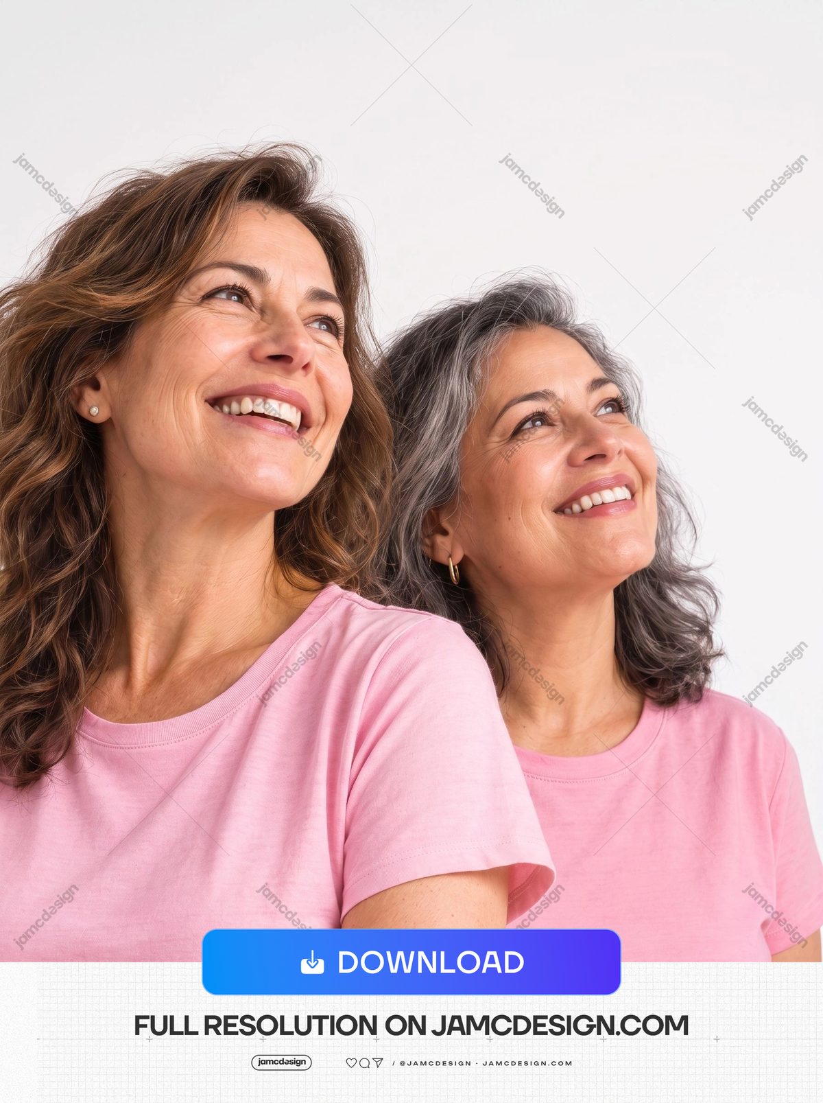 Close-Up Portrait Of Two Women In Pink Shirts. This JPG photo shows two smiling women in pink shirts, framed closely against a bright white background — Additional preview