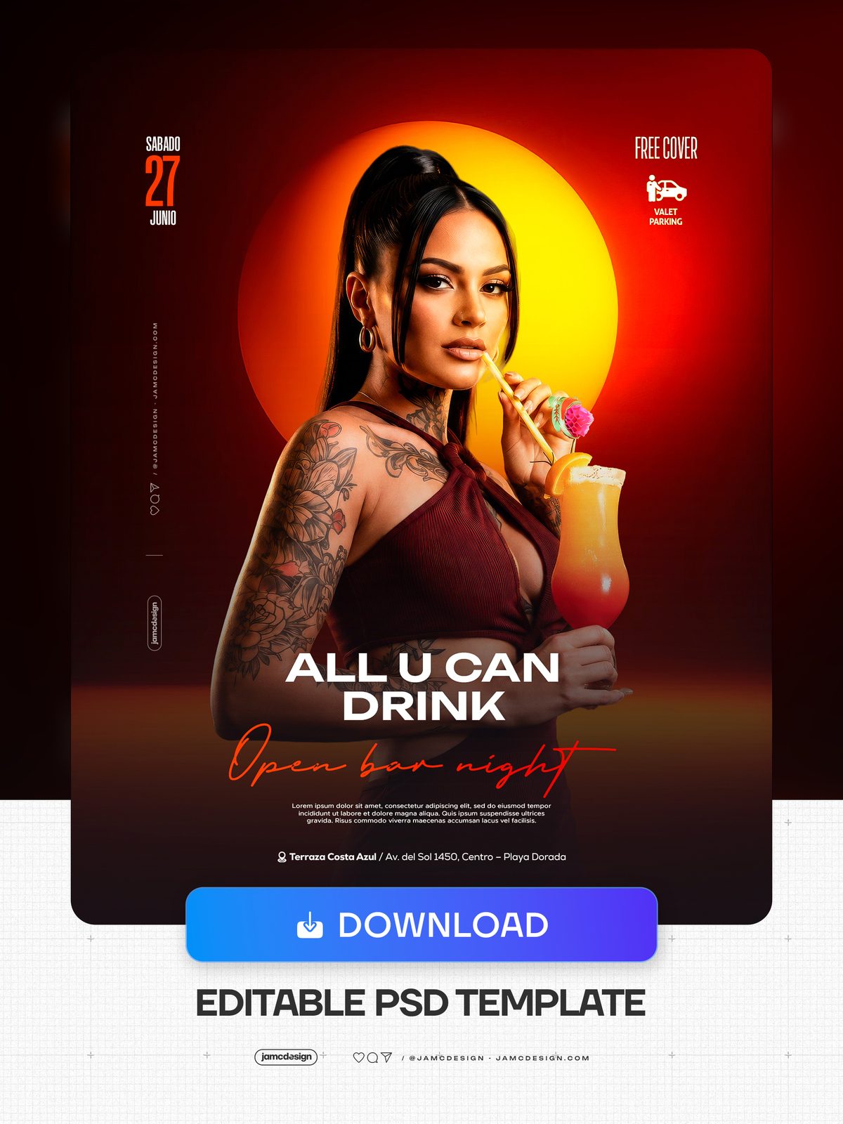 Open Bar Night Flyer Template PSD Editable. Editable PSD template for an open bar night flyer, featuring a tattooed woman in a burgundy dress holding an orange — Additional preview