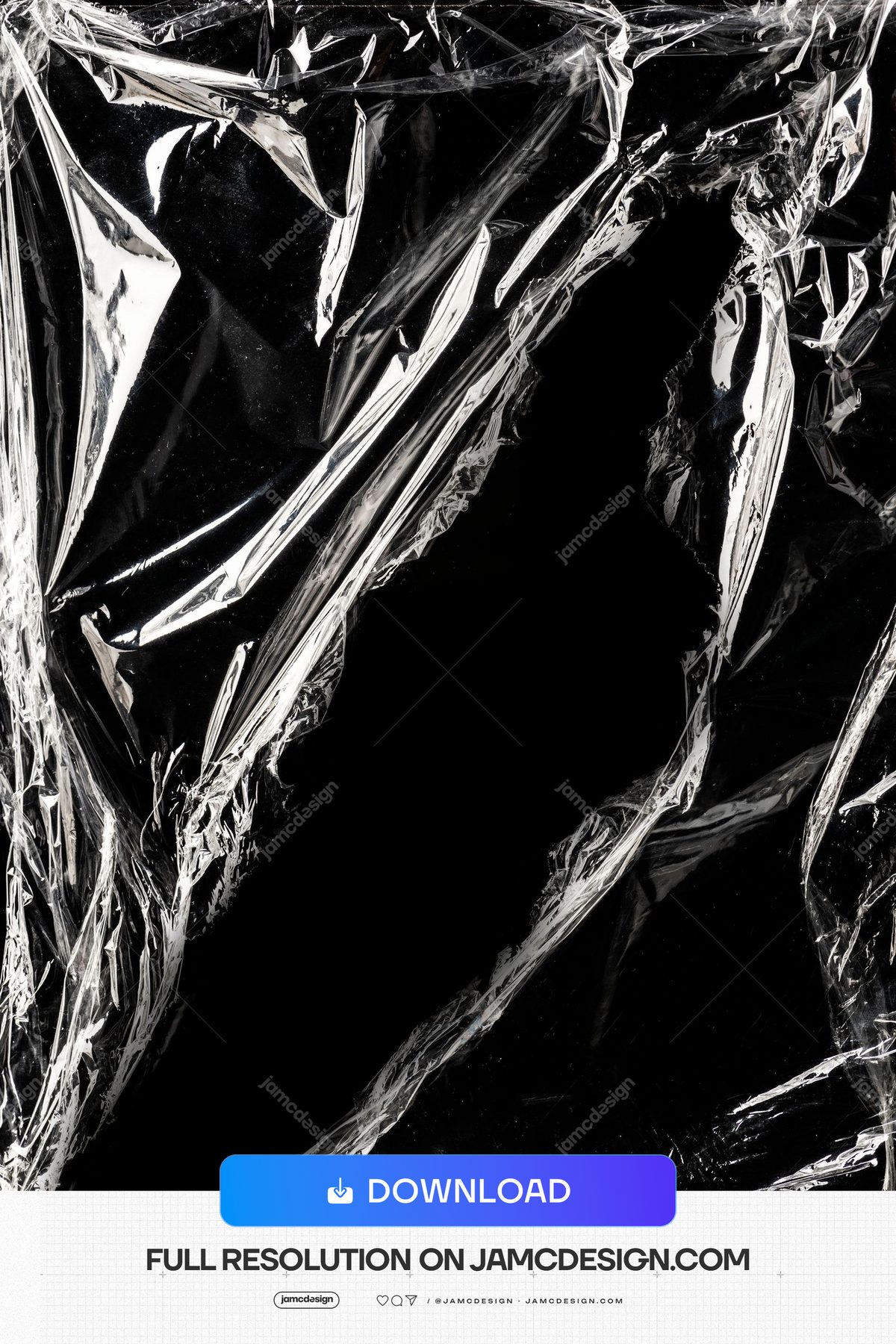 Glossy Crinkled Plastic Texture Against Black. This JPG texture captures crinkled black plastic film with sharp silver highlights and deep dark folds — Additional preview