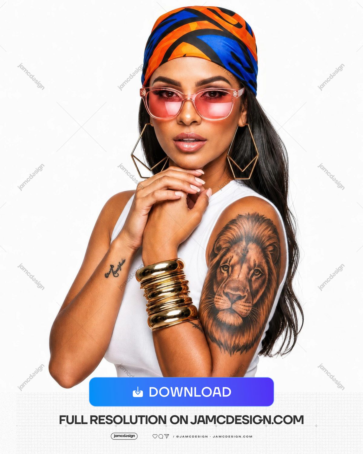 African Fashion Woman Portrait With Lion Tattoo Colorful Headwrap. JPG photo of a fashion model in a colorful headwrap and tinted glasses — Additional preview