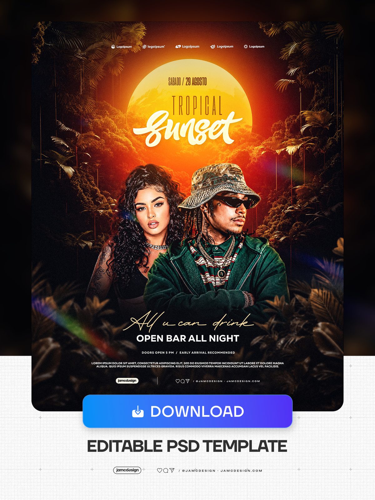 Tropical Sunset Social Media Flyer Template PSD Editable. Editable PSD template for a tropical evening social media flyer with a warm orange and green palette — Additional preview
