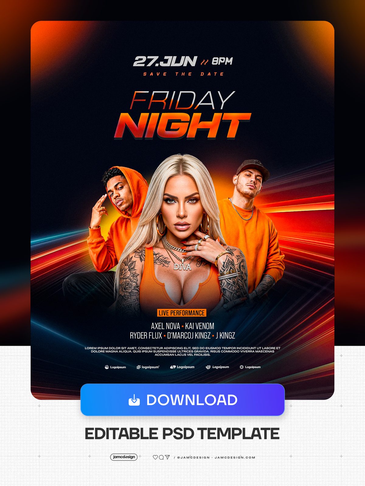 Plantilla PSD De Flyer Para Evento Friday Night. Plantilla de flyer editable en PSD para un evento de viernes por la noche con fondo oscuro — Vista previa adicional